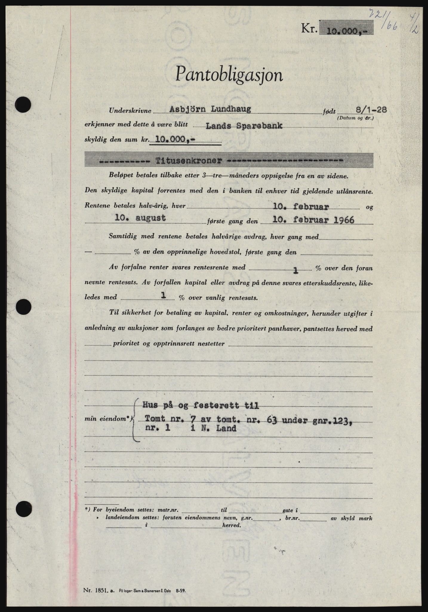 Hadeland og Land tingrett, SAH/TING-010/H/Hb/Hbc/L0061: Pantebok nr. B61, 1965-1966, Dagboknr: 721/1966