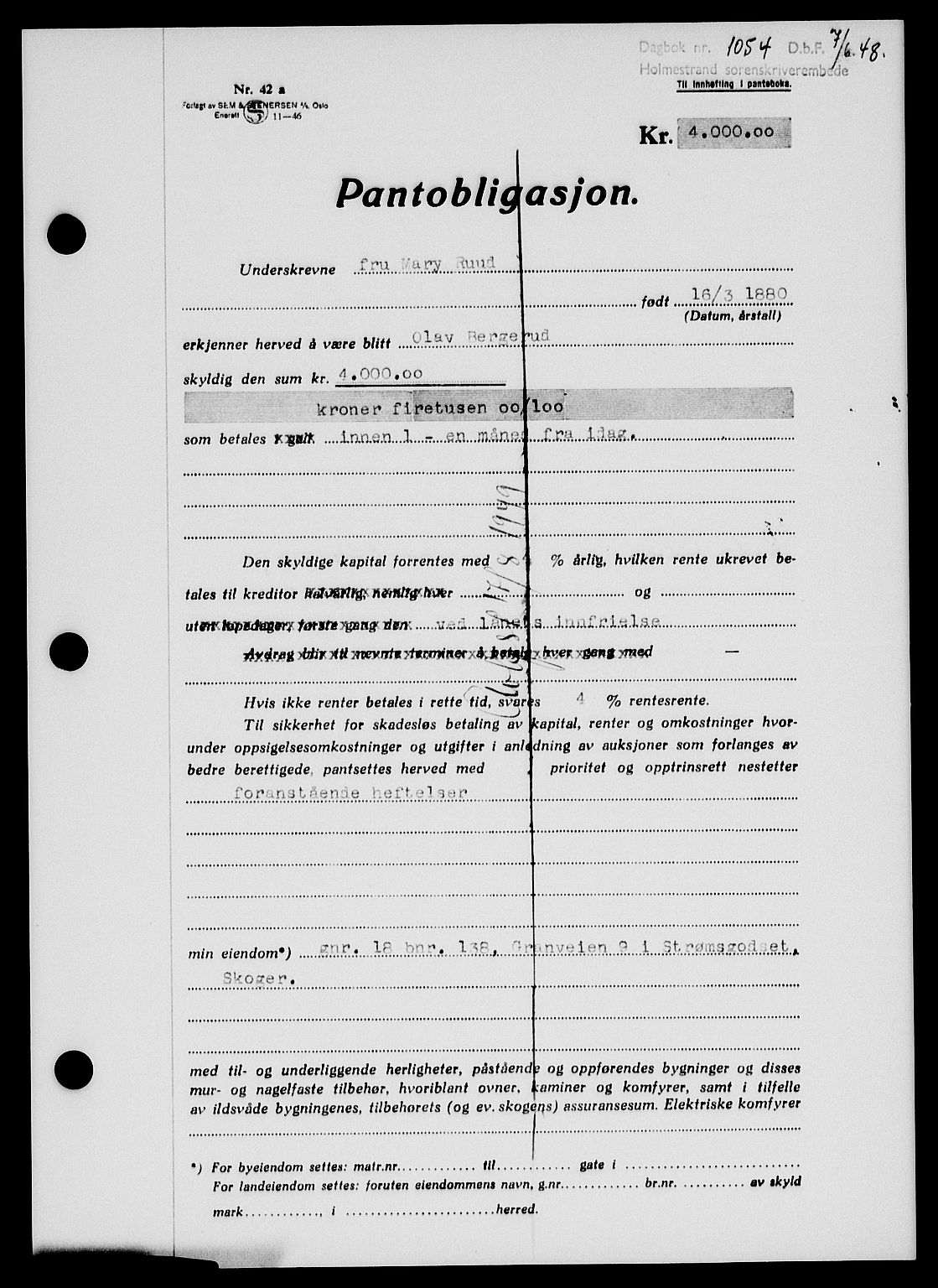 Holmestrand sorenskriveri, SAKO/A-67/G/Ga/Gab/L0058: Pantebok nr. B-58, 1947-1948, Dagboknr: 1054/1948