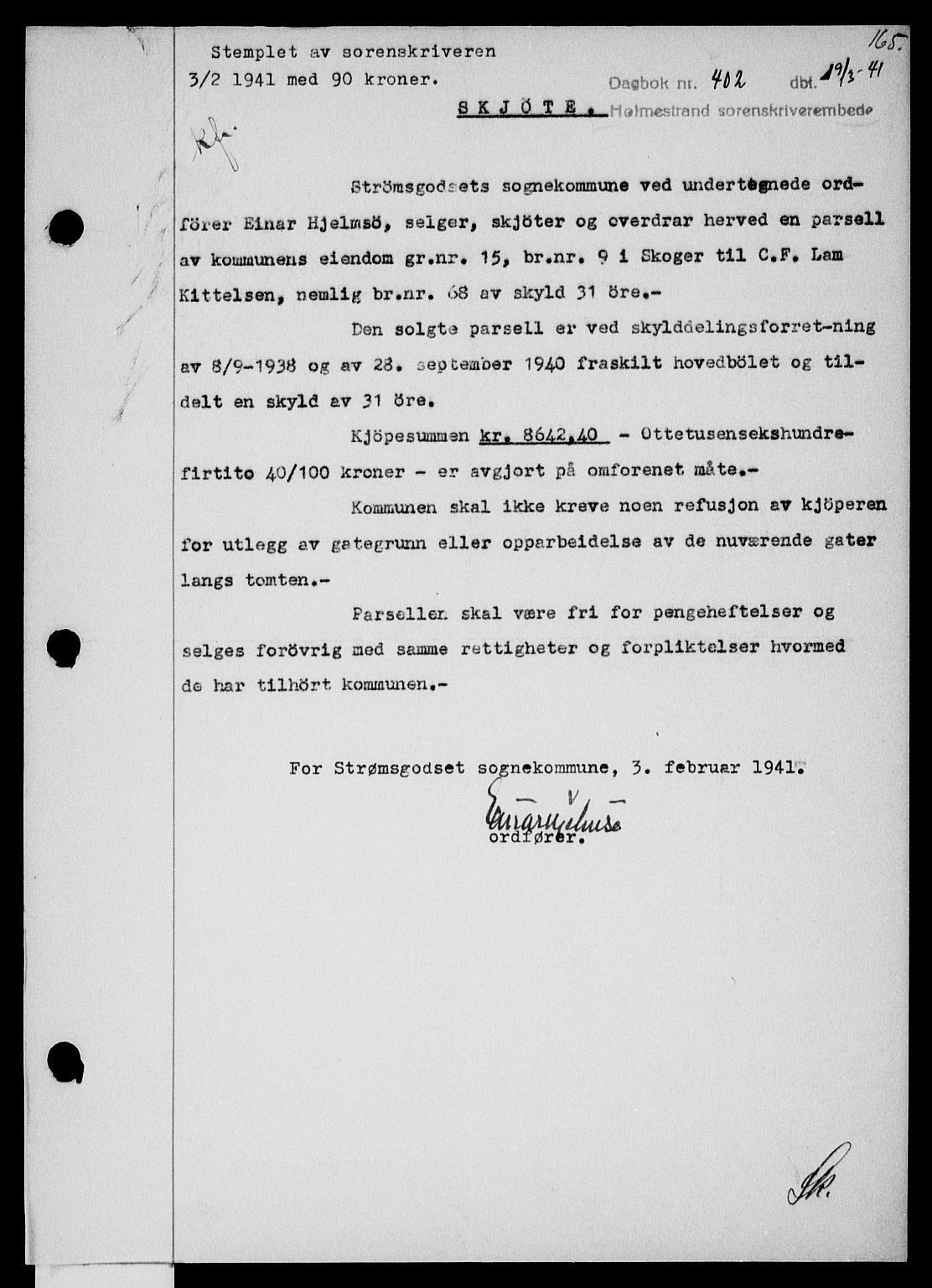 Holmestrand sorenskriveri, SAKO/A-67/G/Ga/Gaa/L0053: Pantebok nr. A-53, 1941-1941, Dagboknr: 402/1941