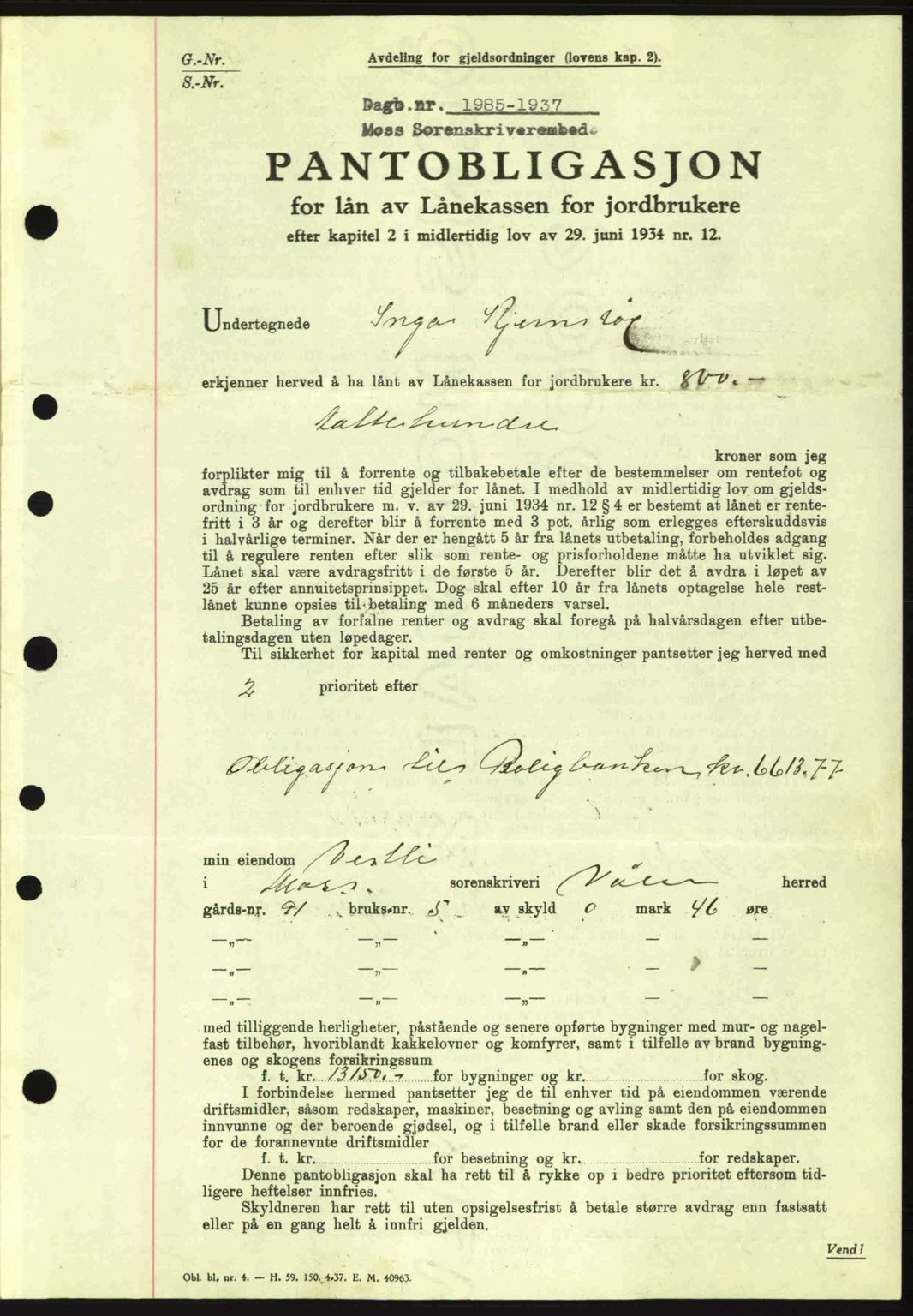 Moss sorenskriveri, SAO/A-10168: Pantebok nr. B4, 1937-1938, Dagboknr: 1985/1937