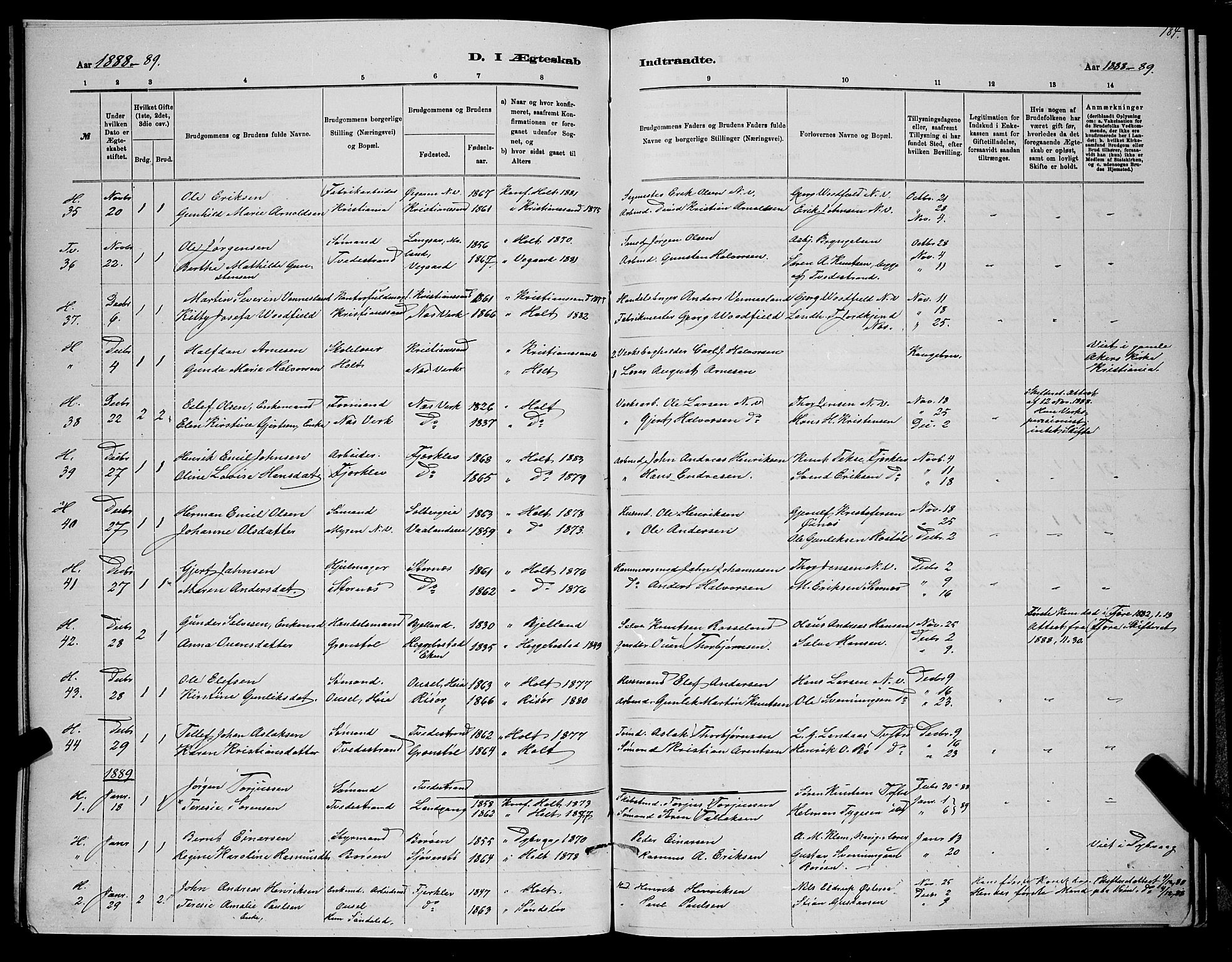 Holt sokneprestkontor, SAK/1111-0021/F/Fb/L0010: Klokkerbok nr. B 10, 1883-1896, s. 184