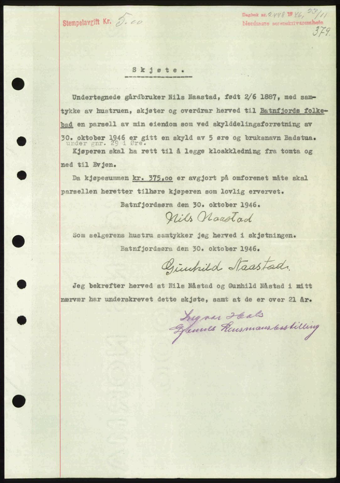 Nordmøre sorenskriveri, SAT/A-4132/1/2/2Ca: Pantebok nr. A103, 1946-1947, Dagboknr: 2448/1946
