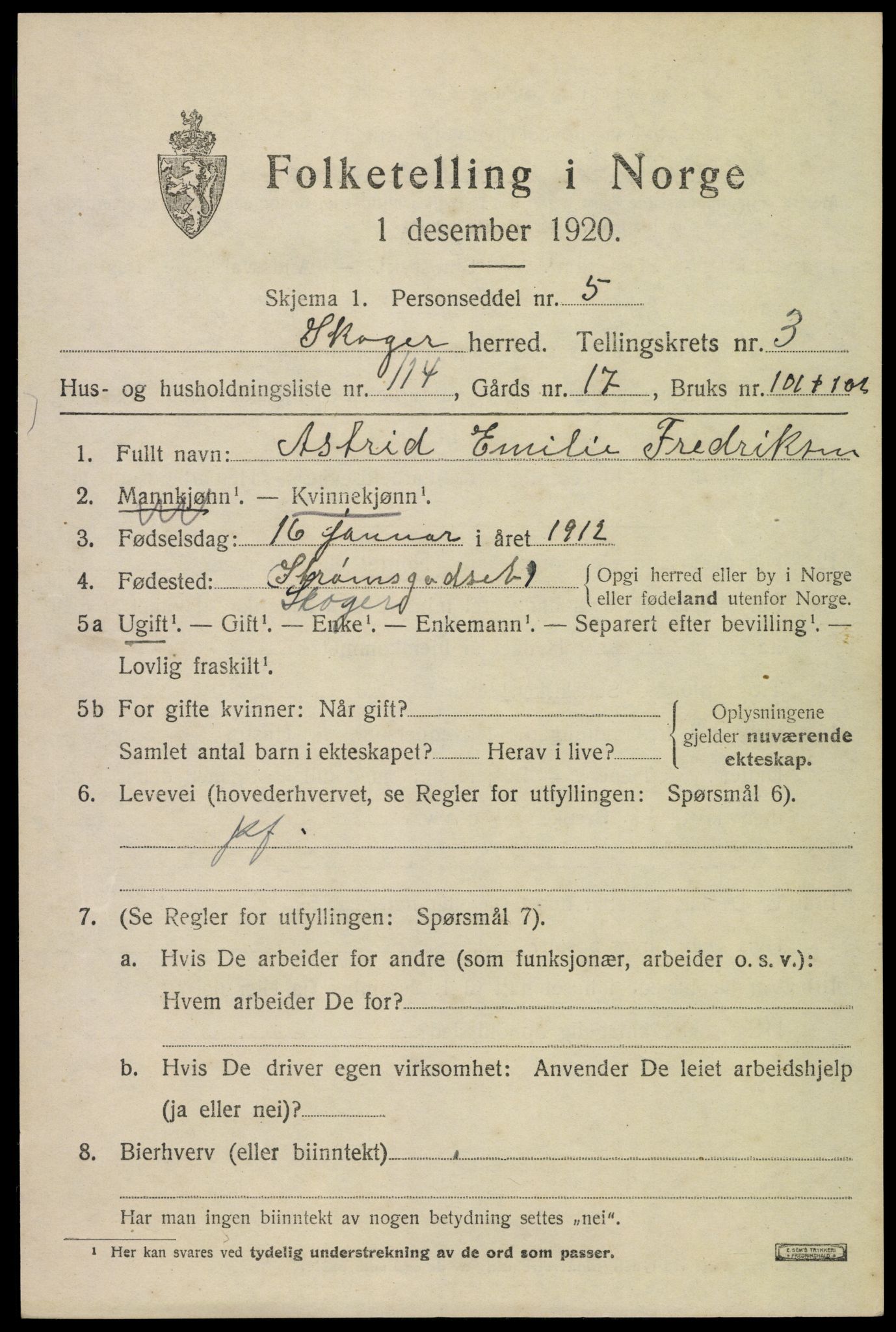 SAKO, Folketelling 1920 for 0712 Skoger herred, 1920, s. 9291