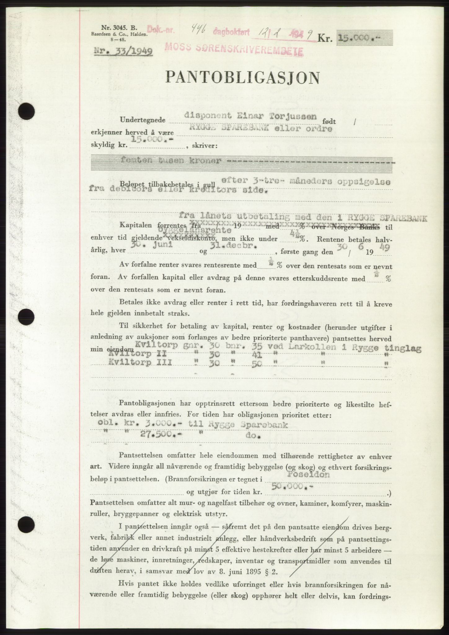 Moss sorenskriveri, SAO/A-10168: Pantebok nr. B21, 1949-1949, Dagboknr: 446/1949