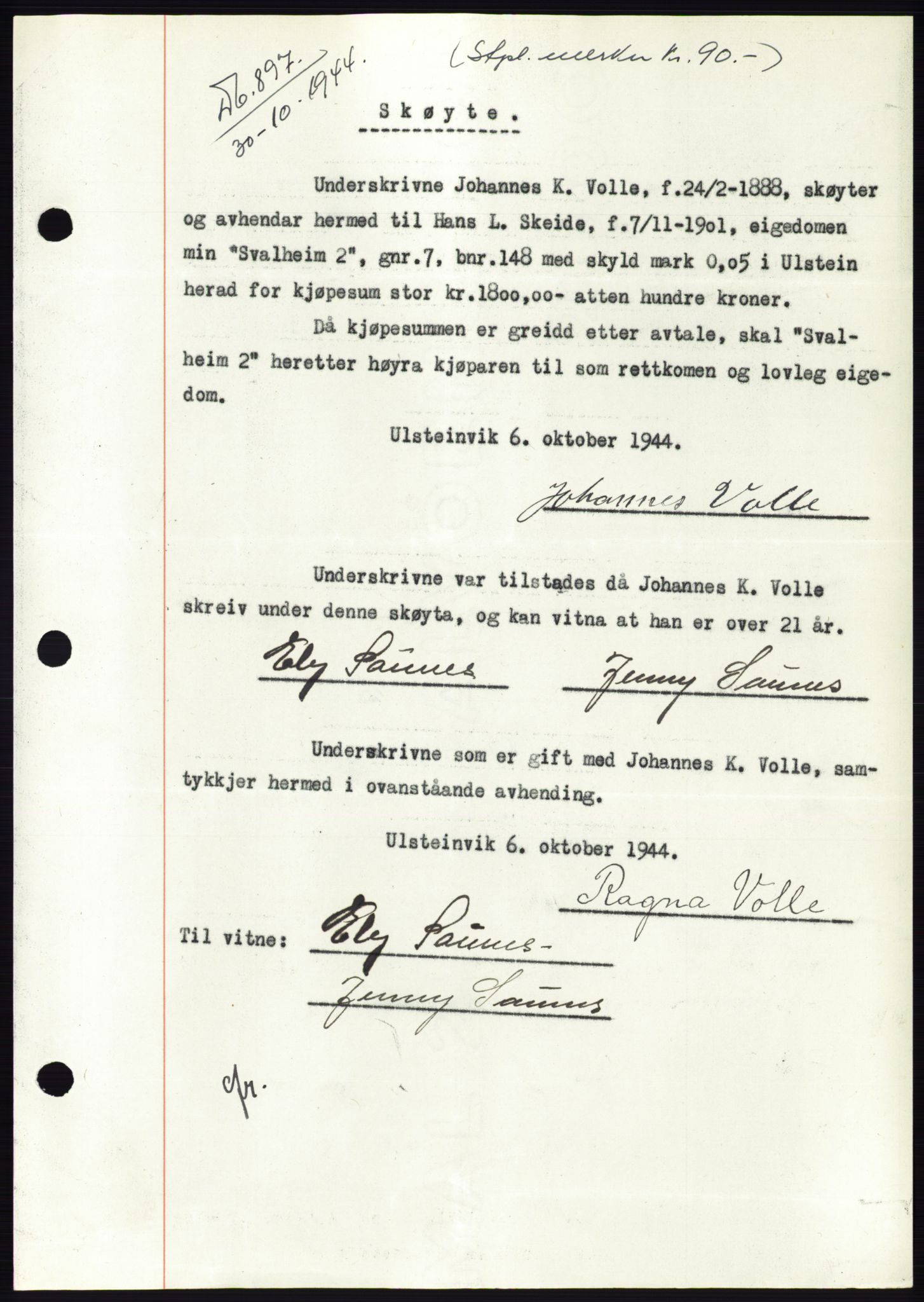 Søre Sunnmøre sorenskriveri, SAT/A-4122/1/2/2C/L0076: Pantebok nr. 2A, 1943-1944, Dagboknr: 897/1944