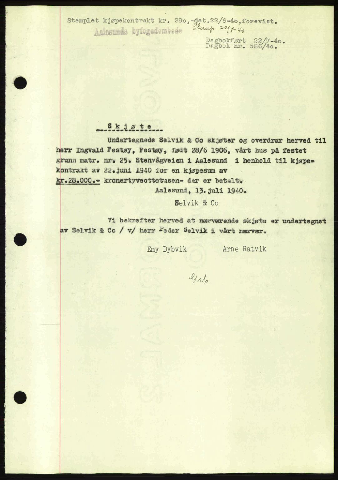 Ålesund byfogd, AV/SAT-A-4384: Pantebok nr. 34 II, 1938-1940, Dagboknr: 586/1940