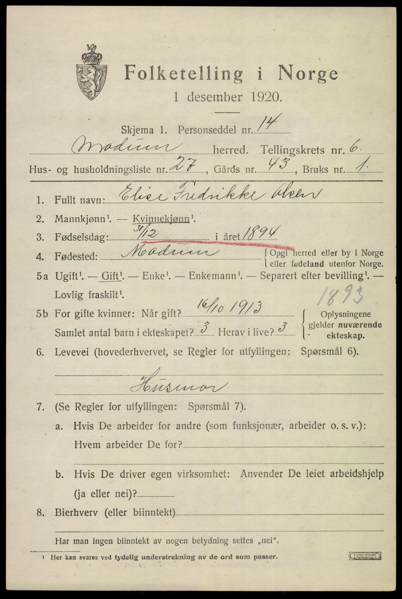 SAKO, Folketelling 1920 for 0623 Modum herred, 1920, s. 9001