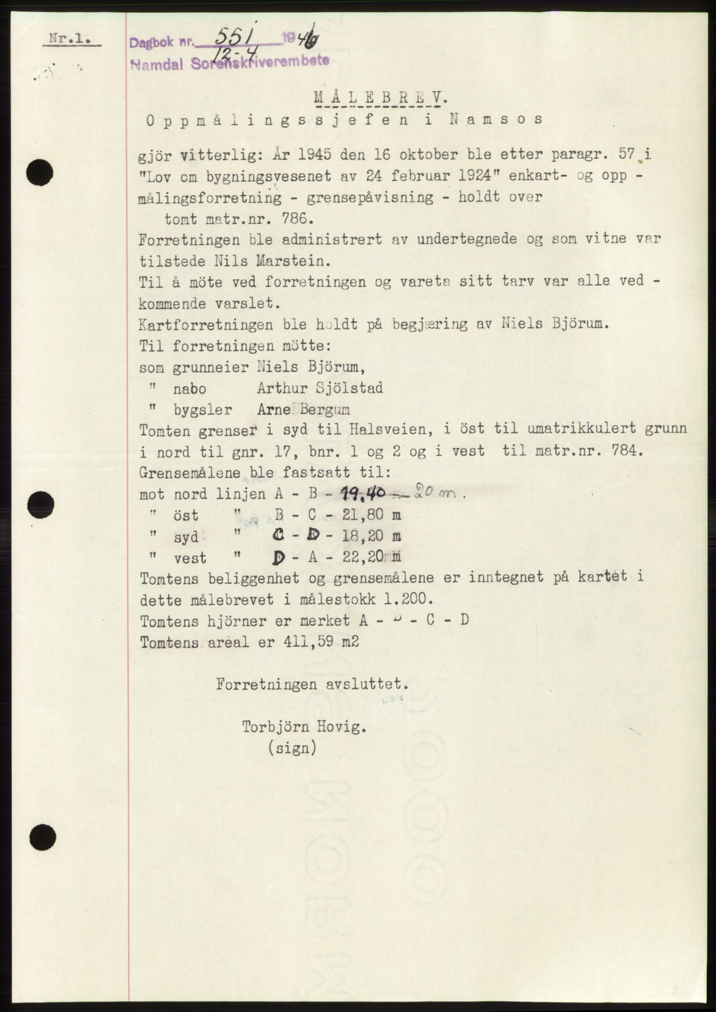 Namdal sorenskriveri, SAT/A-4133/1/2/2C: Pantebok nr. -, 1946-1946, Dagboknr: 551/1946