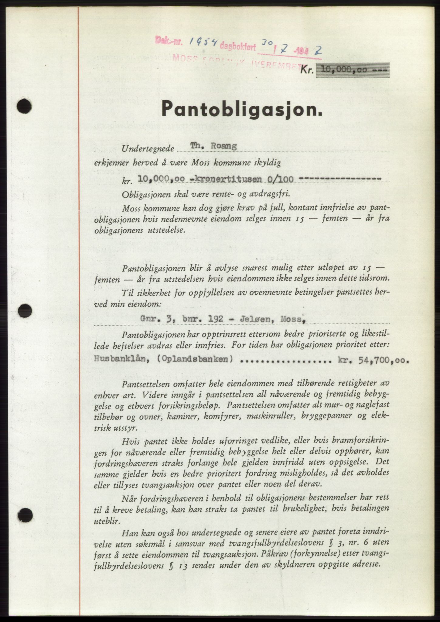 Moss sorenskriveri, SAO/A-10168: Pantebok nr. B17, 1947-1947, Dagboknr: 1954/1947