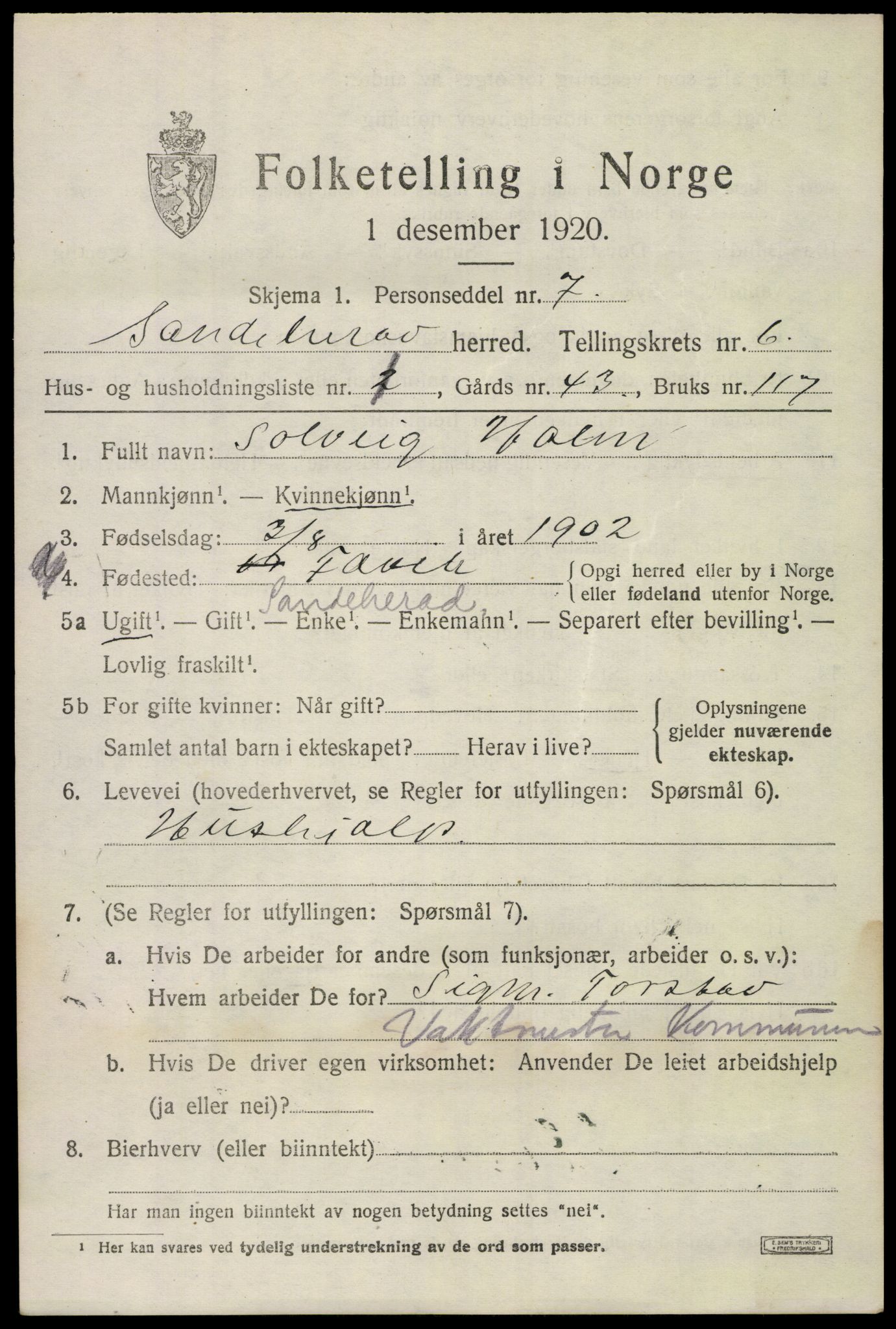 SAKO, Folketelling 1920 for 0724 Sandeherred herred, 1920, s. 9570