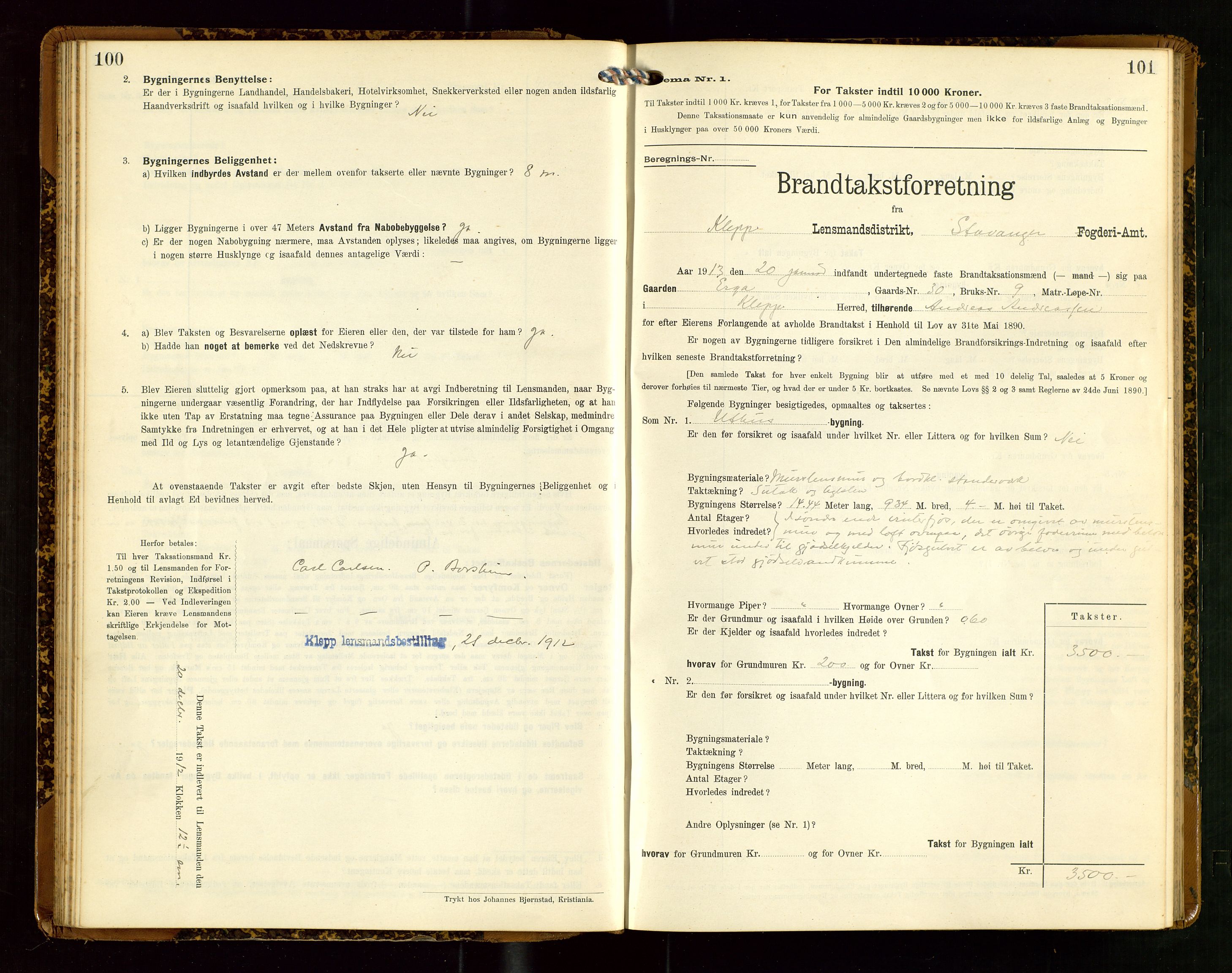 Klepp lensmannskontor, AV/SAST-A-100163/Goc/L0007: "Brandtaxationsprotokol" m/register, 1911-1915, s. 100-101