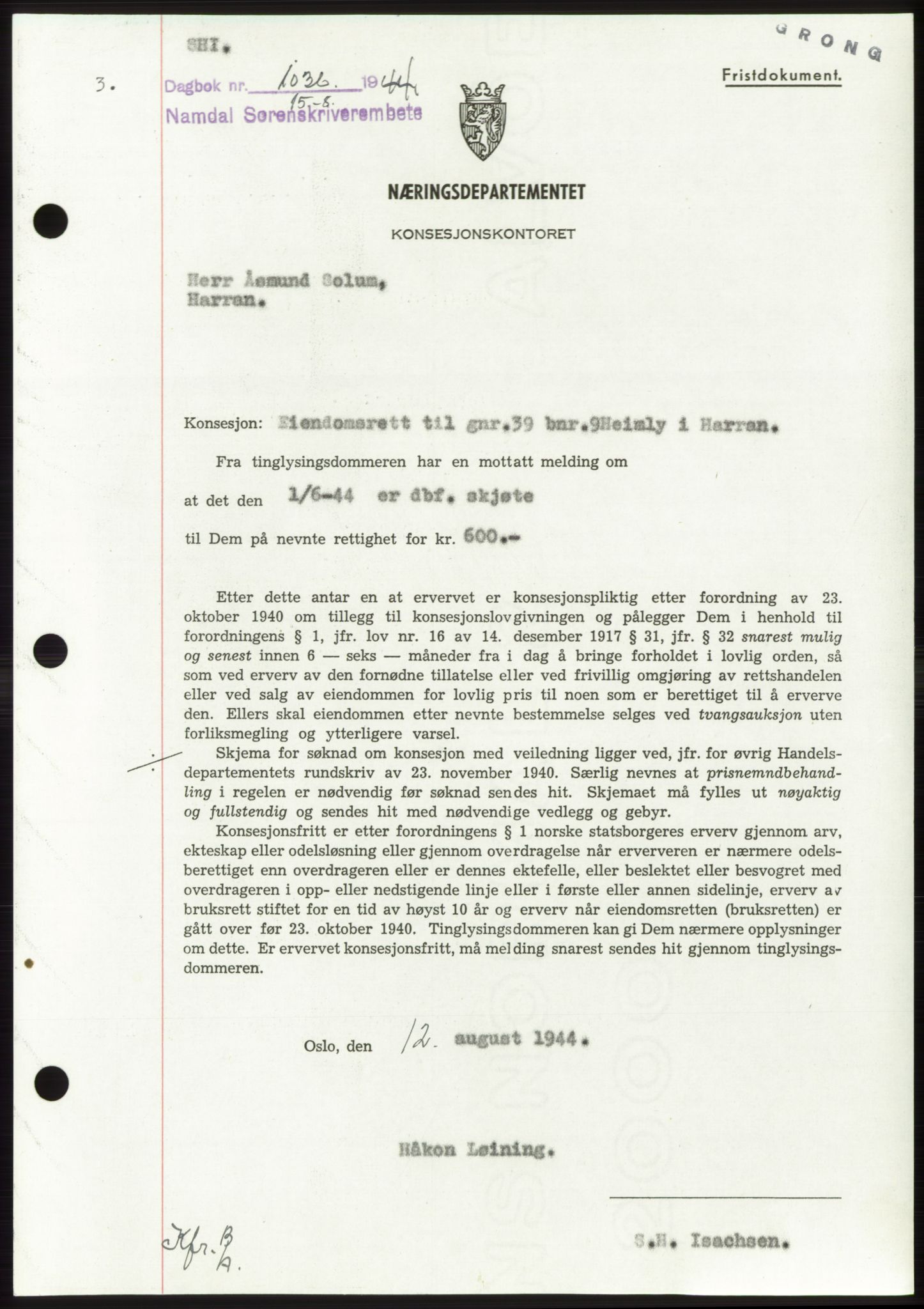 Namdal sorenskriveri, SAT/A-4133/1/2/2C: Pantebok nr. -, 1944-1945, Dagboknr: 1036/1944