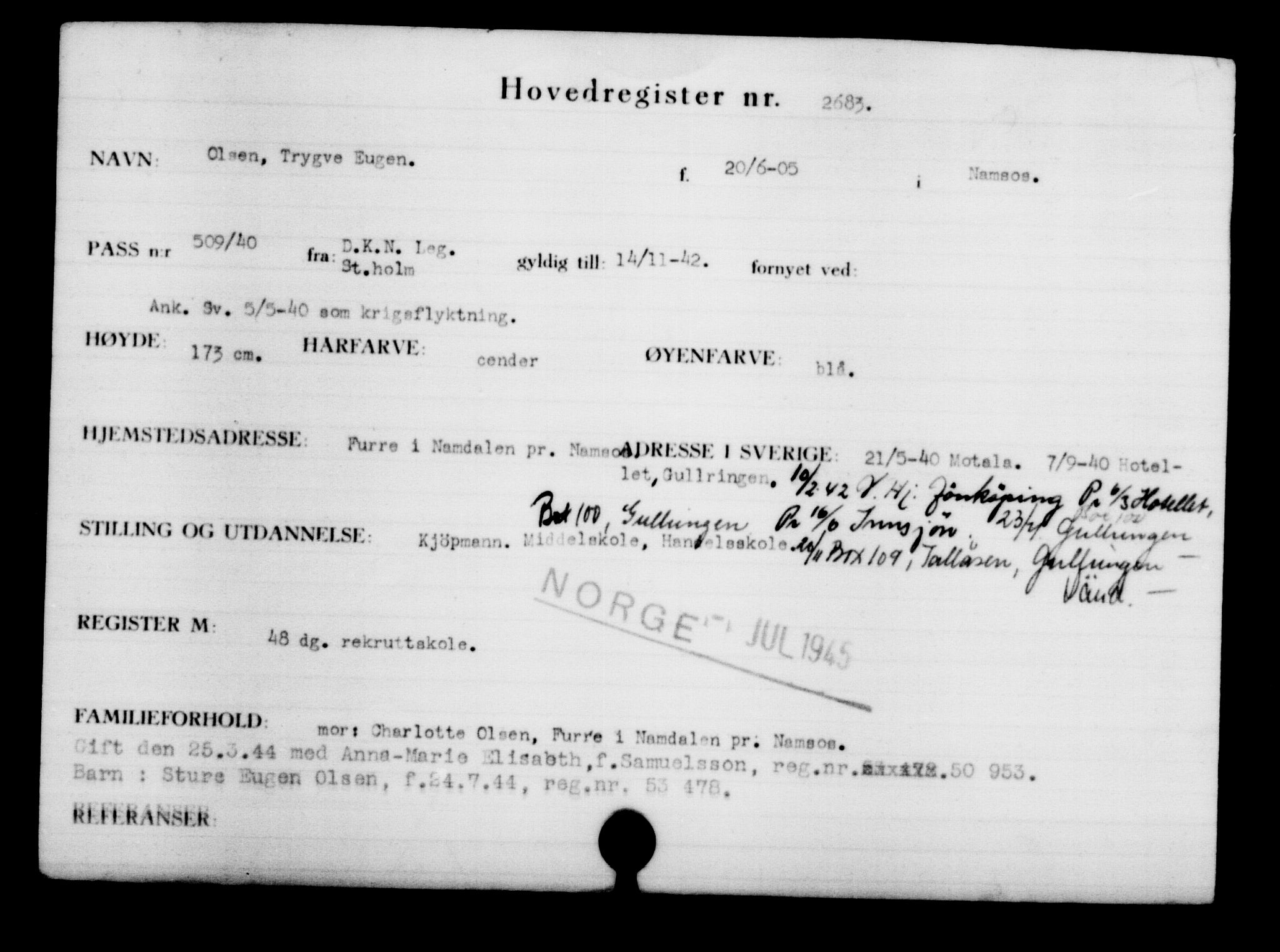 Utenriksstasjonene, Legasjonen i Stockholm, Flyktningkontoret, AV/RA-S-6753/V/Va/L0003: Kjesäterkartoteket, flyktninger med registreringsnr. 2001-3495, 1940-1945, s. 657