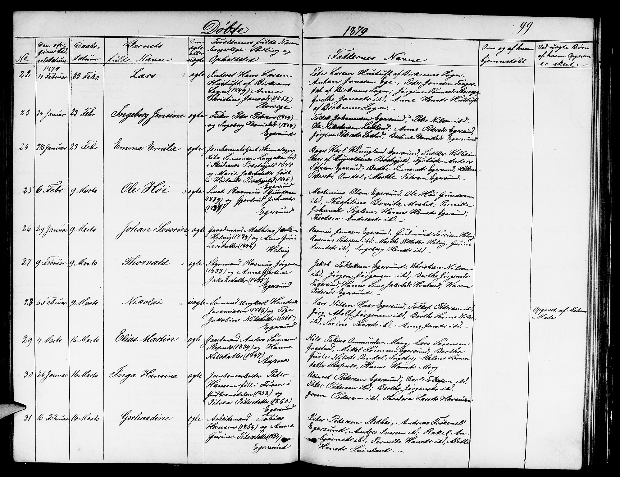 Eigersund sokneprestkontor, AV/SAST-A-101807/S09/L0005: Klokkerbok nr. B 5, 1872-1881, s. 99