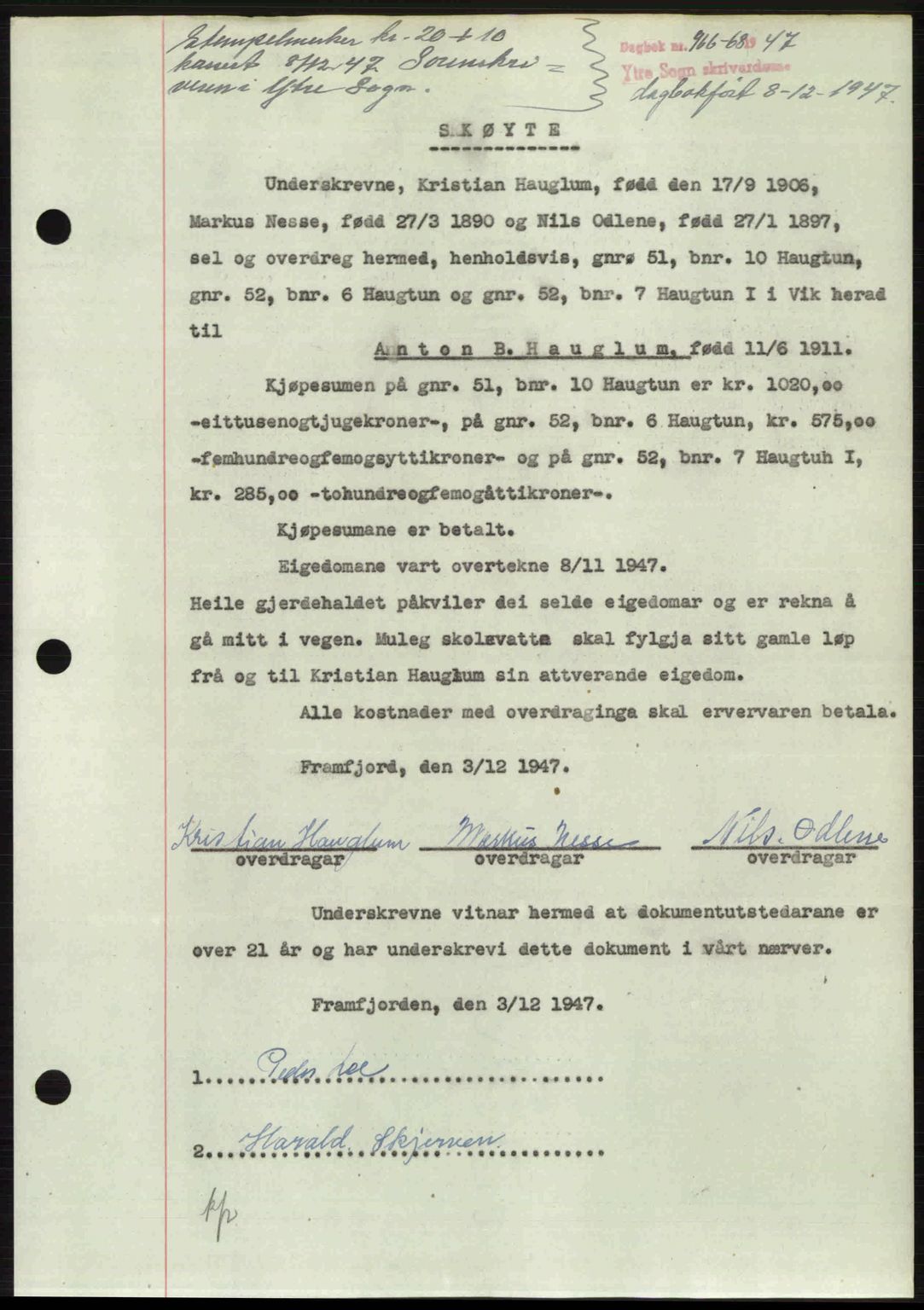 Ytre Sogn tingrett, SAB/A-2601/1/G/Gbb/L0005: Pantebok nr. A3 - A4 (B2), 1947-1948, Dagboknr: 966/1947