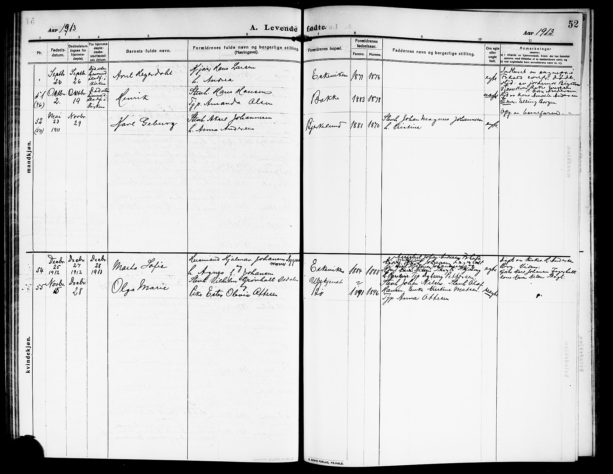 Idd prestekontor Kirkebøker, AV/SAO-A-10911/G/Gb/L0002: Klokkerbok nr. II 2, 1907-1913, s. 52