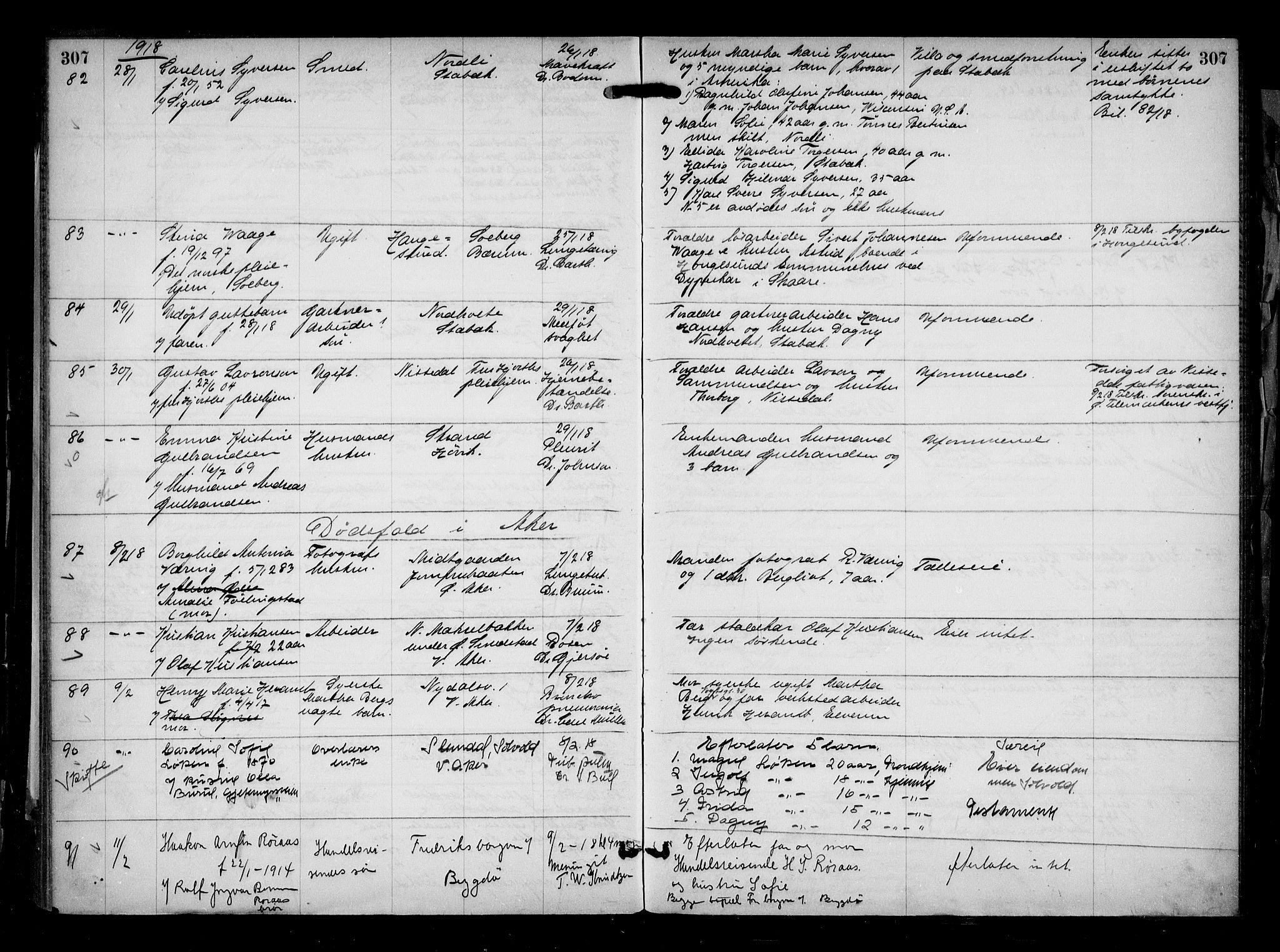 Aker kriminaldommer, skifte- og auksjonsforvalterembete, AV/SAO-A-10452/H/Hb/Hba/Hbaa/L0004: Dødsfallsprotokoll, 1914-1918, s. 307