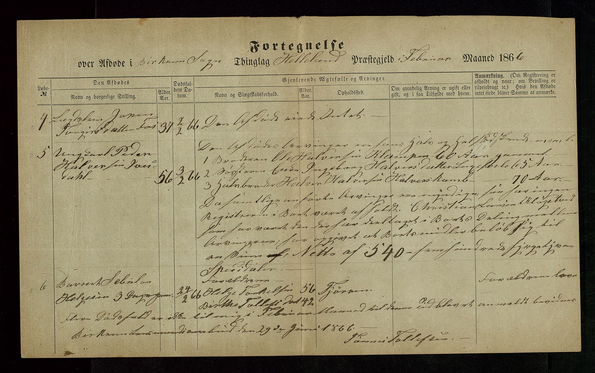 Jæren og Dalane sorenskriveri, AV/SAST-A-100306/5/52AB/L0004: DØDSFALL-LISTER DALANE, 1865-1868, s. 13