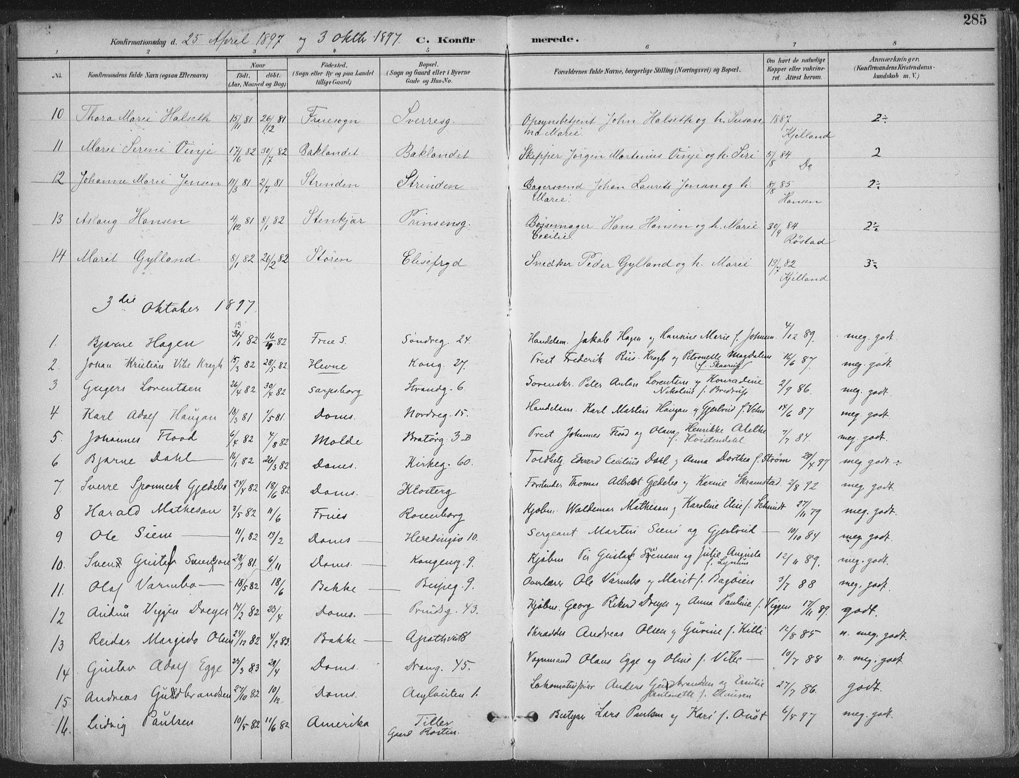 Ministerialprotokoller, klokkerbøker og fødselsregistre - Sør-Trøndelag, SAT/A-1456/601/L0062: Ministerialbok nr. 601A30, 1891-1911, s. 285