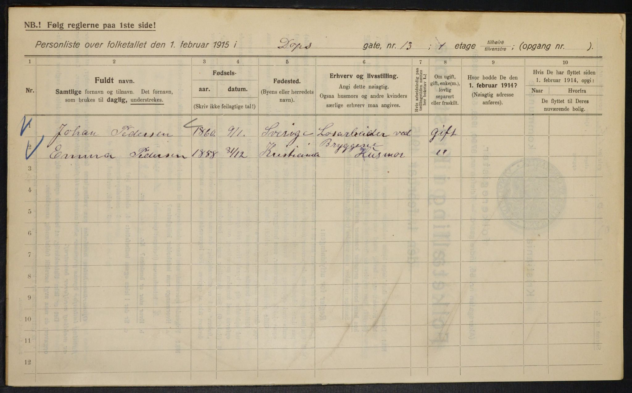 OBA, Kommunal folketelling 1.2.1915 for Kristiania, 1915, s. 16000