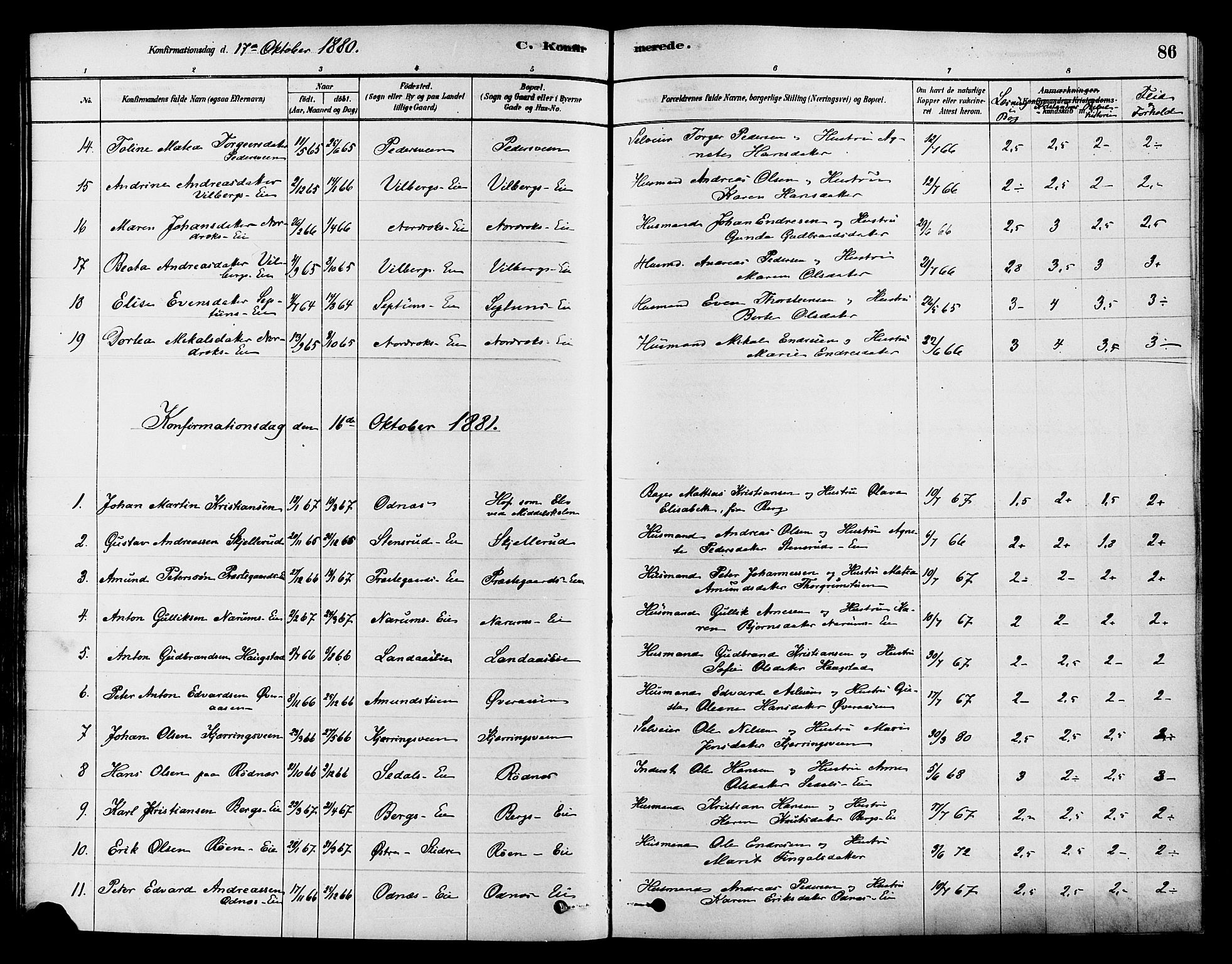 Søndre Land prestekontor, SAH/PREST-122/K/L0002: Ministerialbok nr. 2, 1878-1894, s. 86