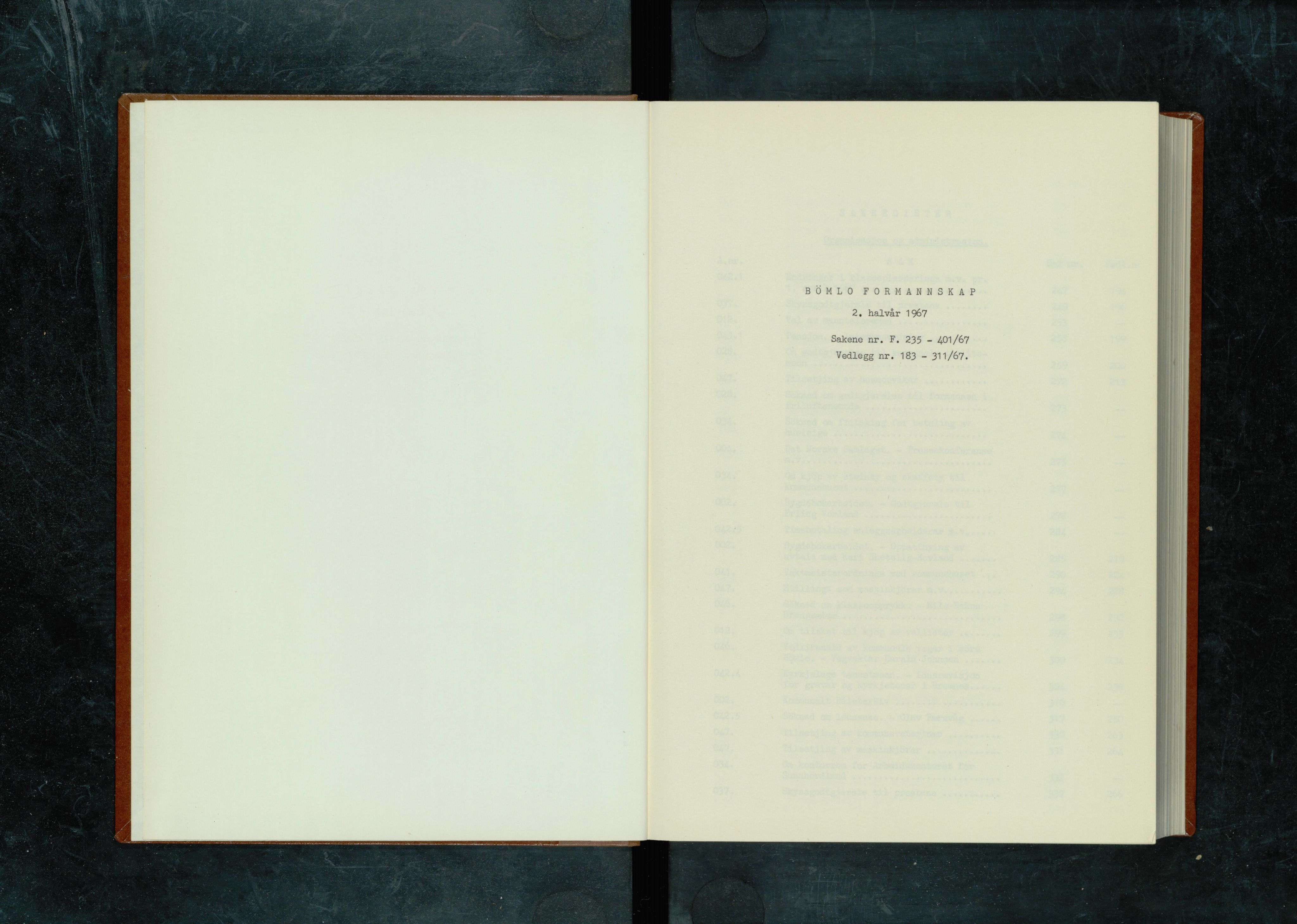 Bømlo kommune. Formannskapet, IKAH/1219-021/A/Ab/L0004/0002: Saksregister til møtebøkene  / Saksregister 2. halvår 1967, 1967