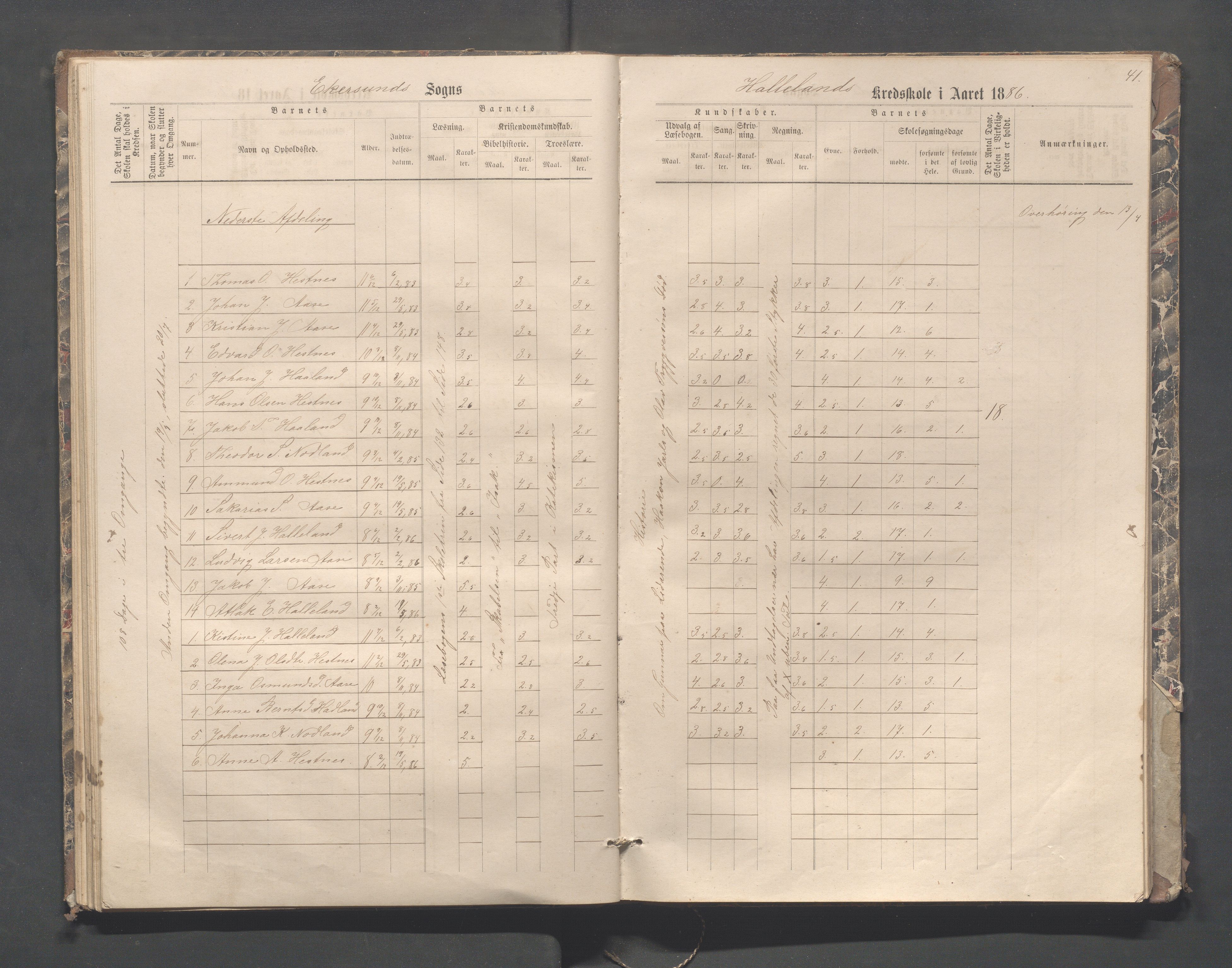 Eigersund kommune (Herredet) - Skolekommisjonen/skolestyret, IKAR/K-100453/Jb/L0004: Skoleprotokoll - Hegdal, Hadland, Åmdal, 1880-1890, s. 41