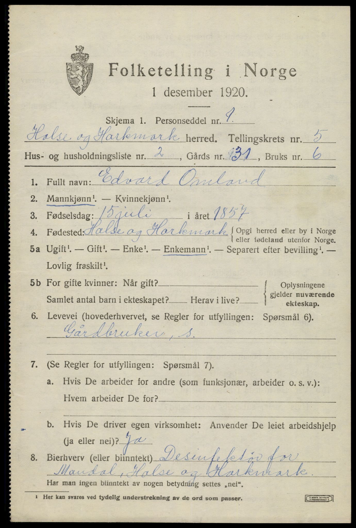 SAK, Folketelling 1920 for 1019 Halse og Harkmark herred, 1920, s. 3054