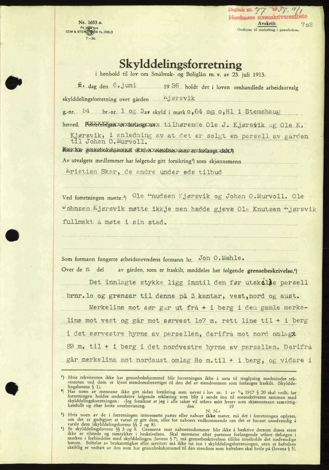 Nordmøre sorenskriveri, SAT/A-4132/1/2/2Ca: Pantebok nr. A80, 1936-1937, Dagboknr: 77/1937