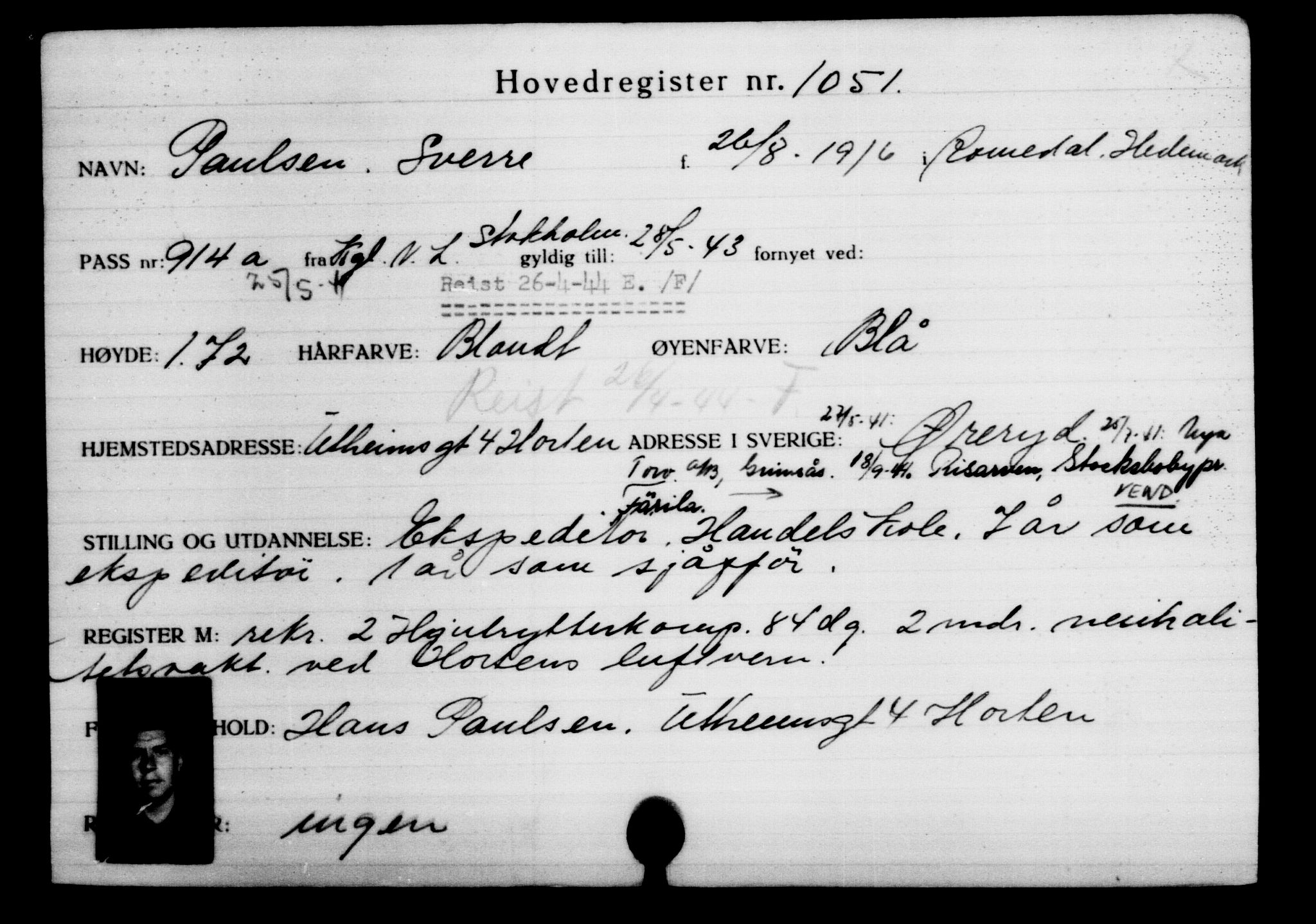Utenriksstasjonene, Legasjonen i Stockholm, Flyktningkontoret, AV/RA-S-6753/V/Va/L0002: Kjesäterkartoteket, flyktninger med registreringsnr. 1001-2000, 1940-1945, s. 83