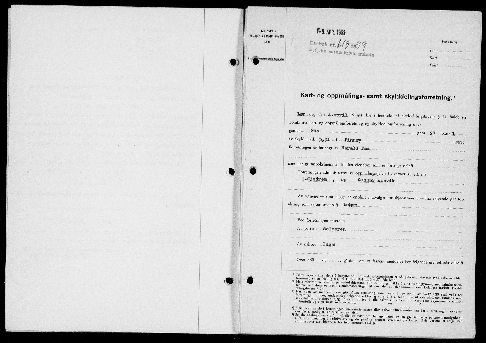 Ryfylke tingrett, SAST/A-100055/001/II/IIB/L0146: Pantebok nr. 125, 1965-1959, Dagboknr: 613/1959
