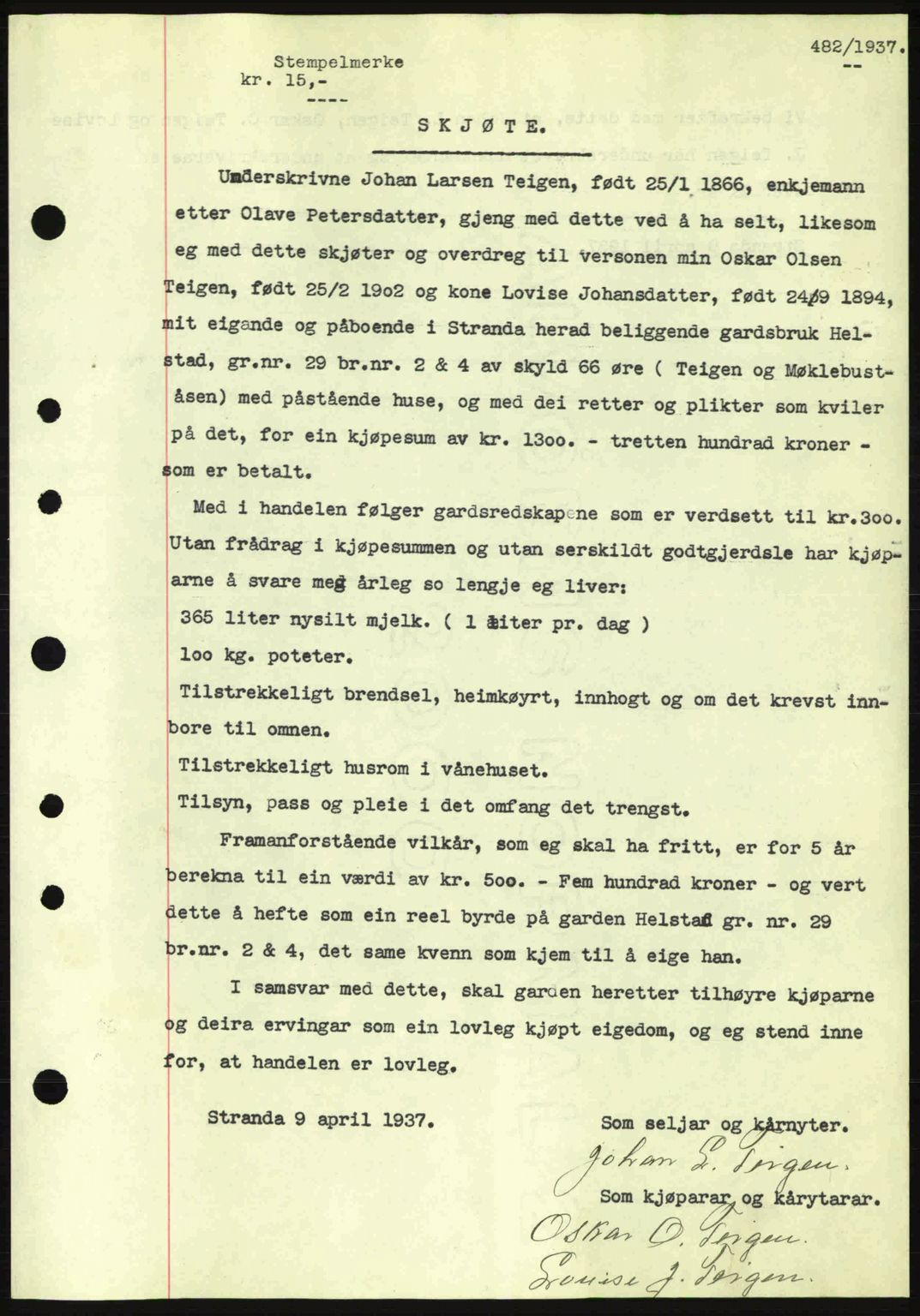 Nordre Sunnmøre sorenskriveri, SAT/A-0006/1/2/2C/2Ca: Pantebok nr. A2, 1936-1937, Dagboknr: 482/1937