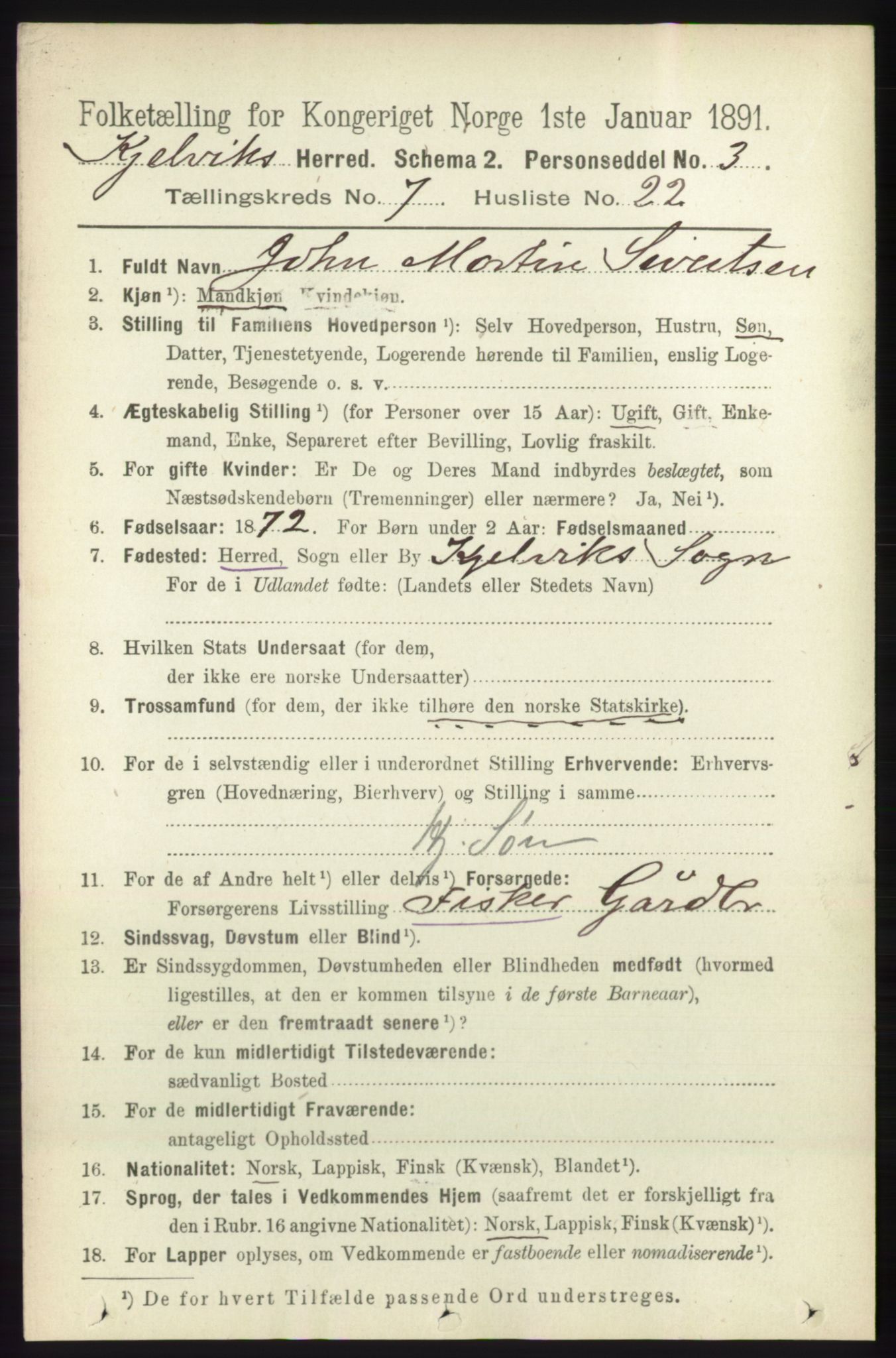 RA, Folketelling 1891 for 2019 Kjelvik herred, 1891, s. 1038