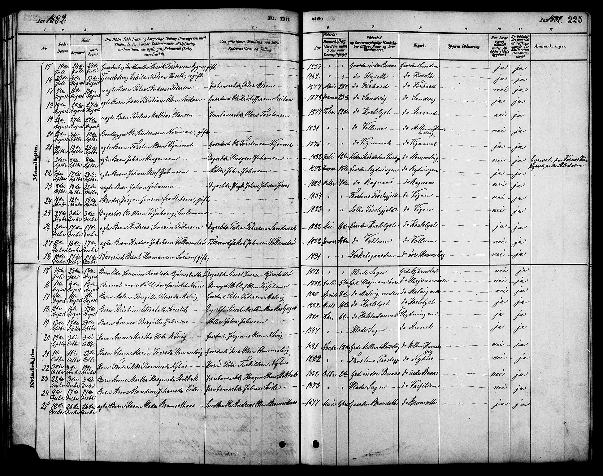 Ministerialprotokoller, klokkerbøker og fødselsregistre - Sør-Trøndelag, SAT/A-1456/616/L0423: Klokkerbok nr. 616C06, 1878-1903, s. 225