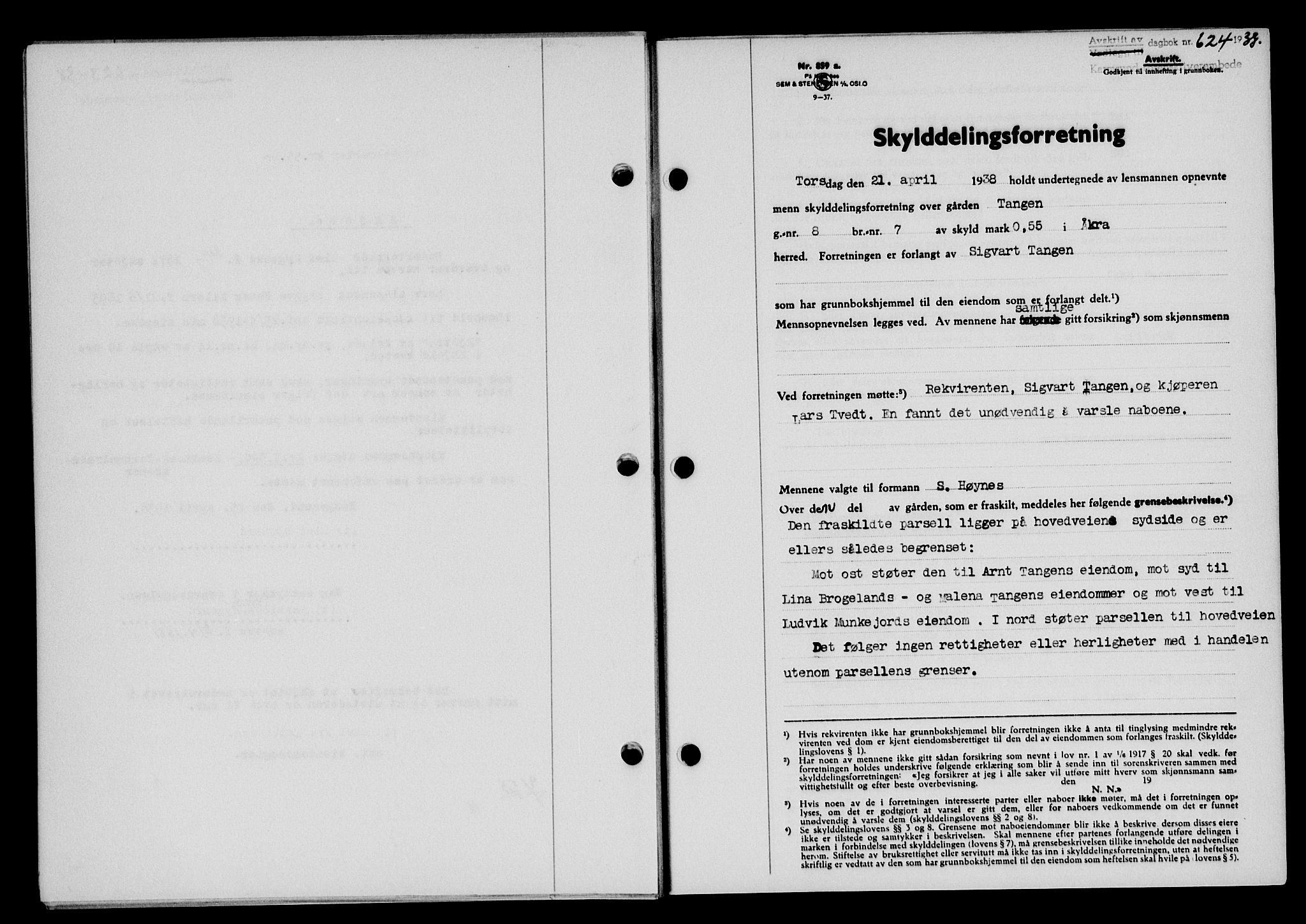 Karmsund sorenskriveri, SAST/A-100311/01/II/IIB/L0069: Pantebok nr. 50A, 1937-1938, Dagboknr: 624/1938