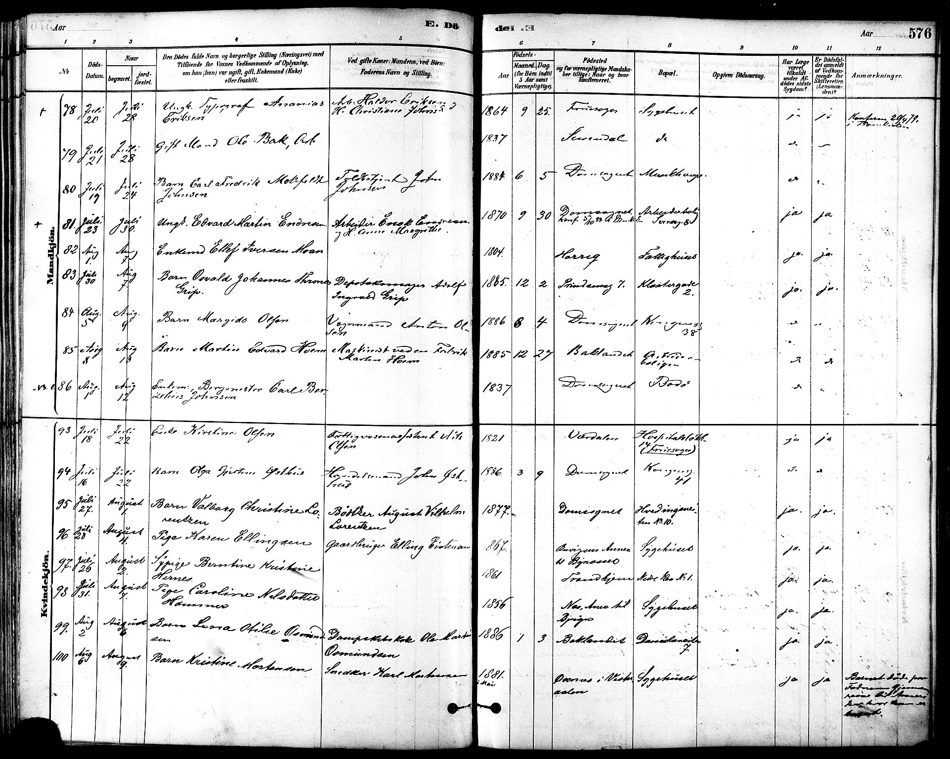 Ministerialprotokoller, klokkerbøker og fødselsregistre - Sør-Trøndelag, SAT/A-1456/601/L0058: Ministerialbok nr. 601A26, 1877-1891, s. 576