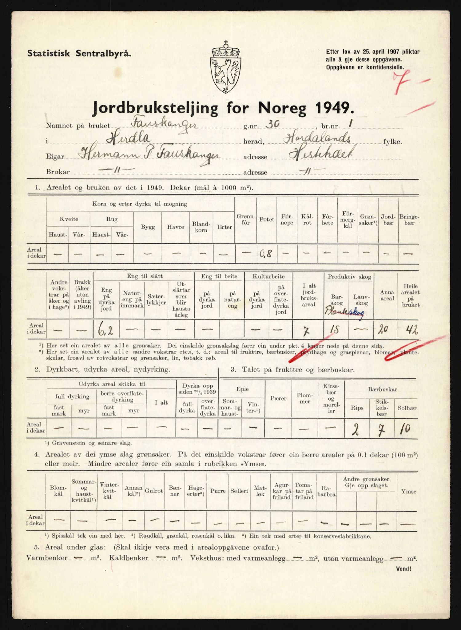 Statistisk sentralbyrå, Næringsøkonomiske emner, Jordbruk, skogbruk, jakt, fiske og fangst, AV/RA-S-2234/G/Gc/L0276: Hordaland: Herdla og Hjelme, 1949, s. 274