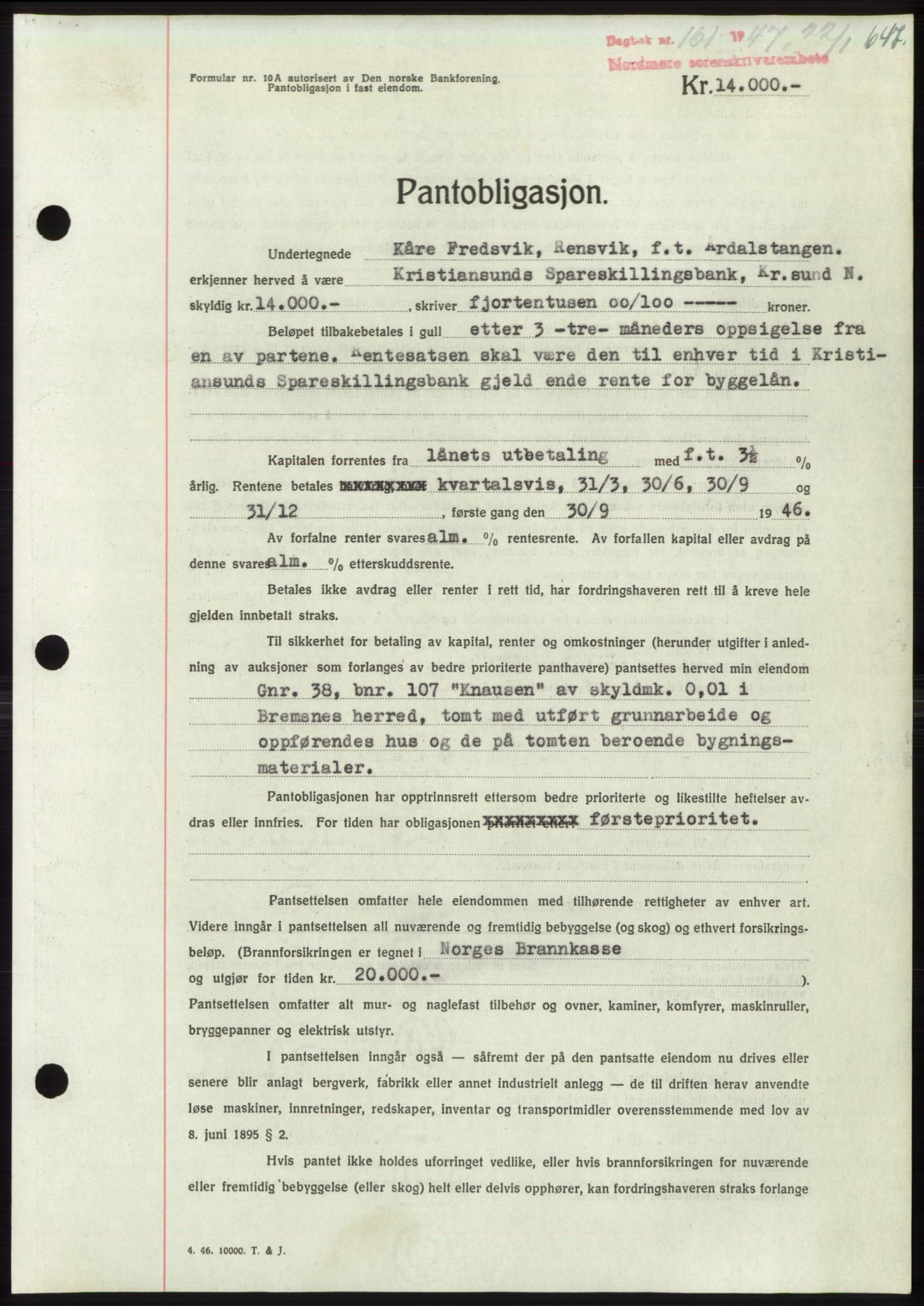 Nordmøre sorenskriveri, SAT/A-4132/1/2/2Ca: Pantebok nr. B95, 1946-1947, Dagboknr: 161/1947