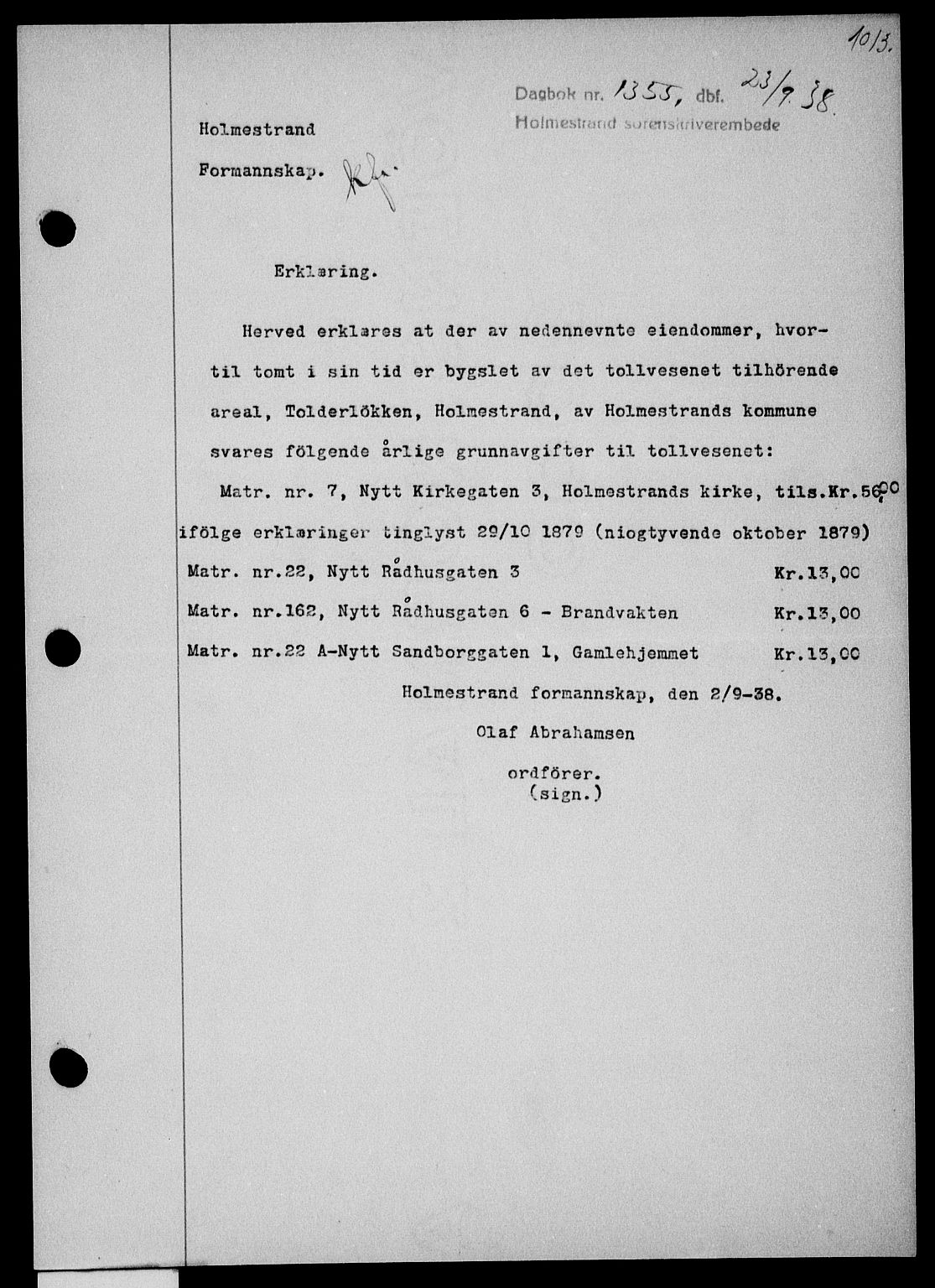 Holmestrand sorenskriveri, SAKO/A-67/G/Ga/Gaa/L0049: Pantebok nr. A-49, 1937-1938, Dagboknr: 1355/1938
