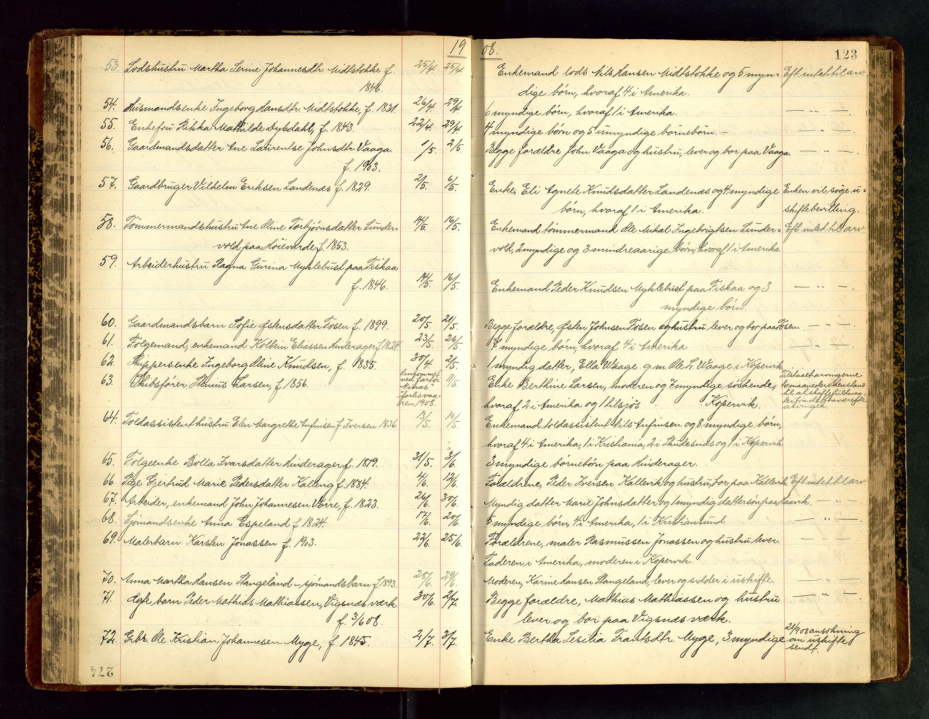 Karmsund sorenskriveri, AV/SAST-A-100311/01/IV/IVAB/L0004: DØDSFALLSPROTOKOLL, 1905-1911, s. 123