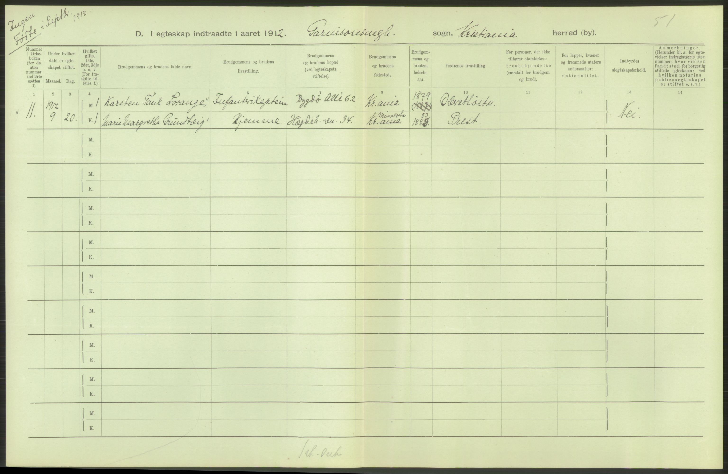 Statistisk sentralbyrå, Sosiodemografiske emner, Befolkning, AV/RA-S-2228/D/Df/Dfb/Dfbb/L0008: Kristiania: Gifte, 1912, s. 22