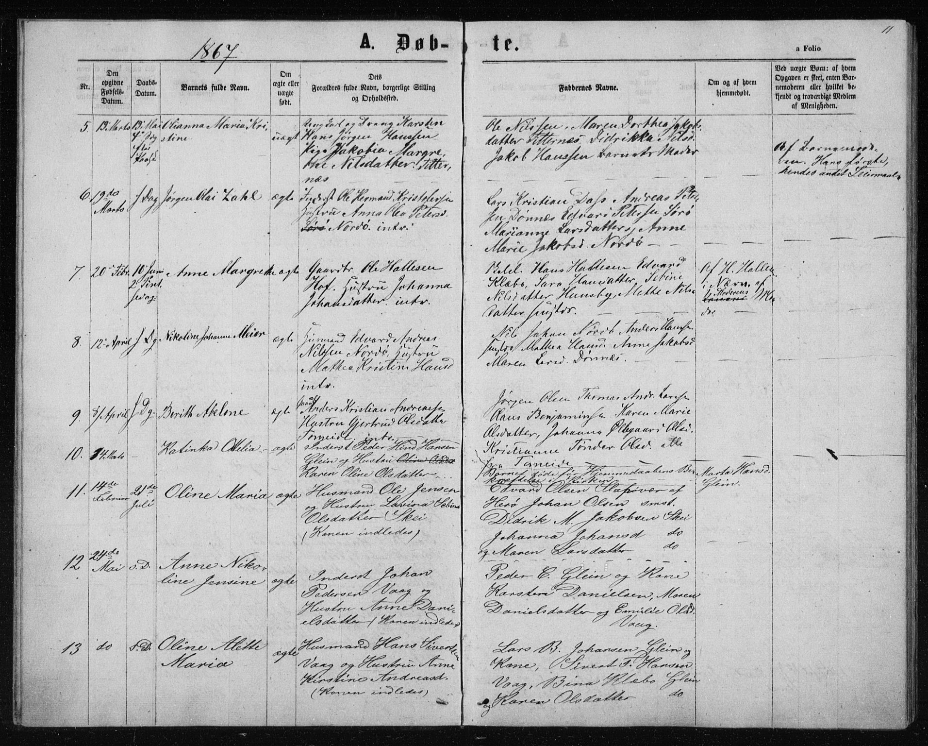 Ministerialprotokoller, klokkerbøker og fødselsregistre - Nordland, AV/SAT-A-1459/835/L0531: Klokkerbok nr. 835C03, 1865-1877, s. 11