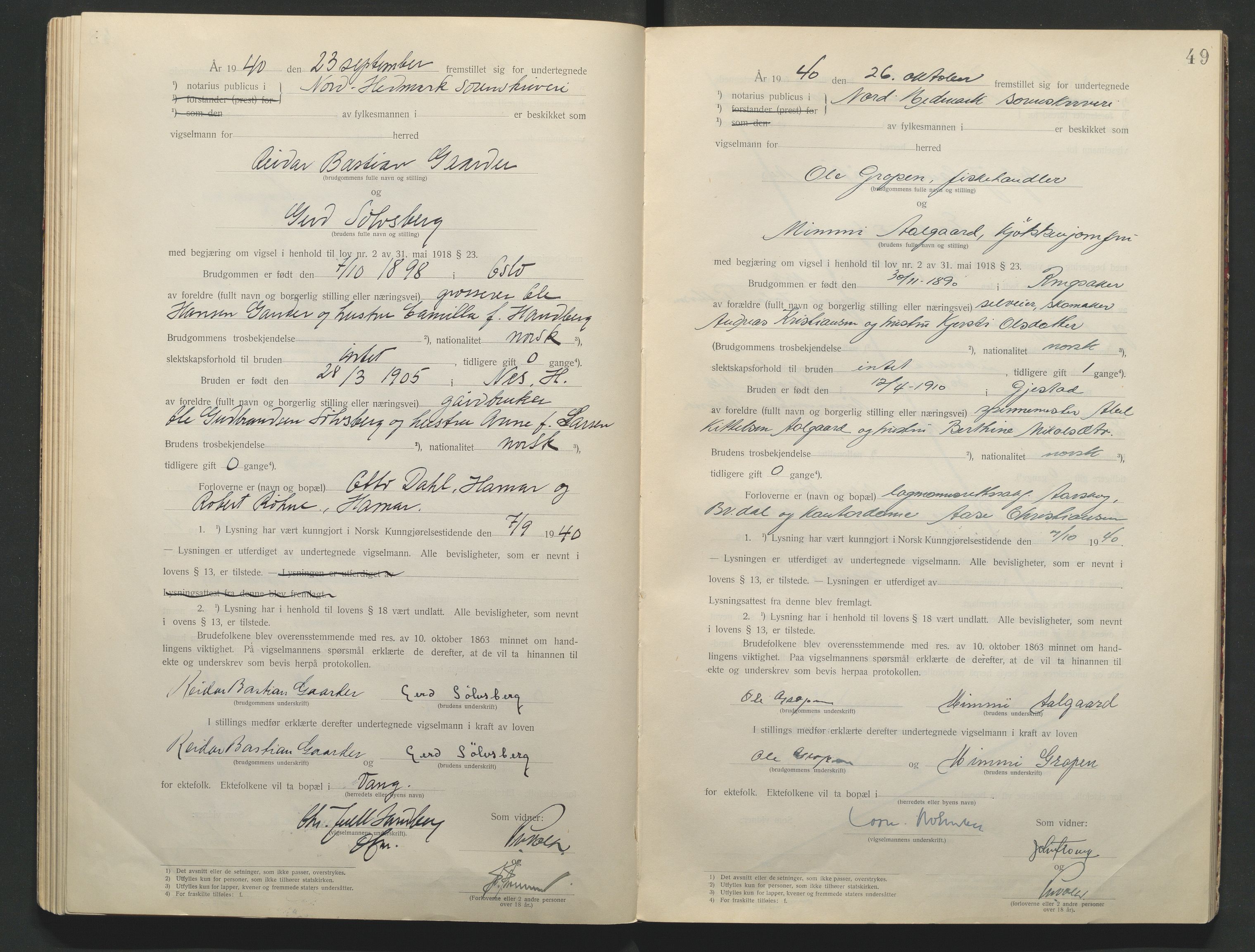 Nord-Hedmark sorenskriveri, AV/SAH-TING-012/L/Lc/L0001/0001: Vigselsprotokoller / Vigselsprotokoll, 1920-1942, s. 49