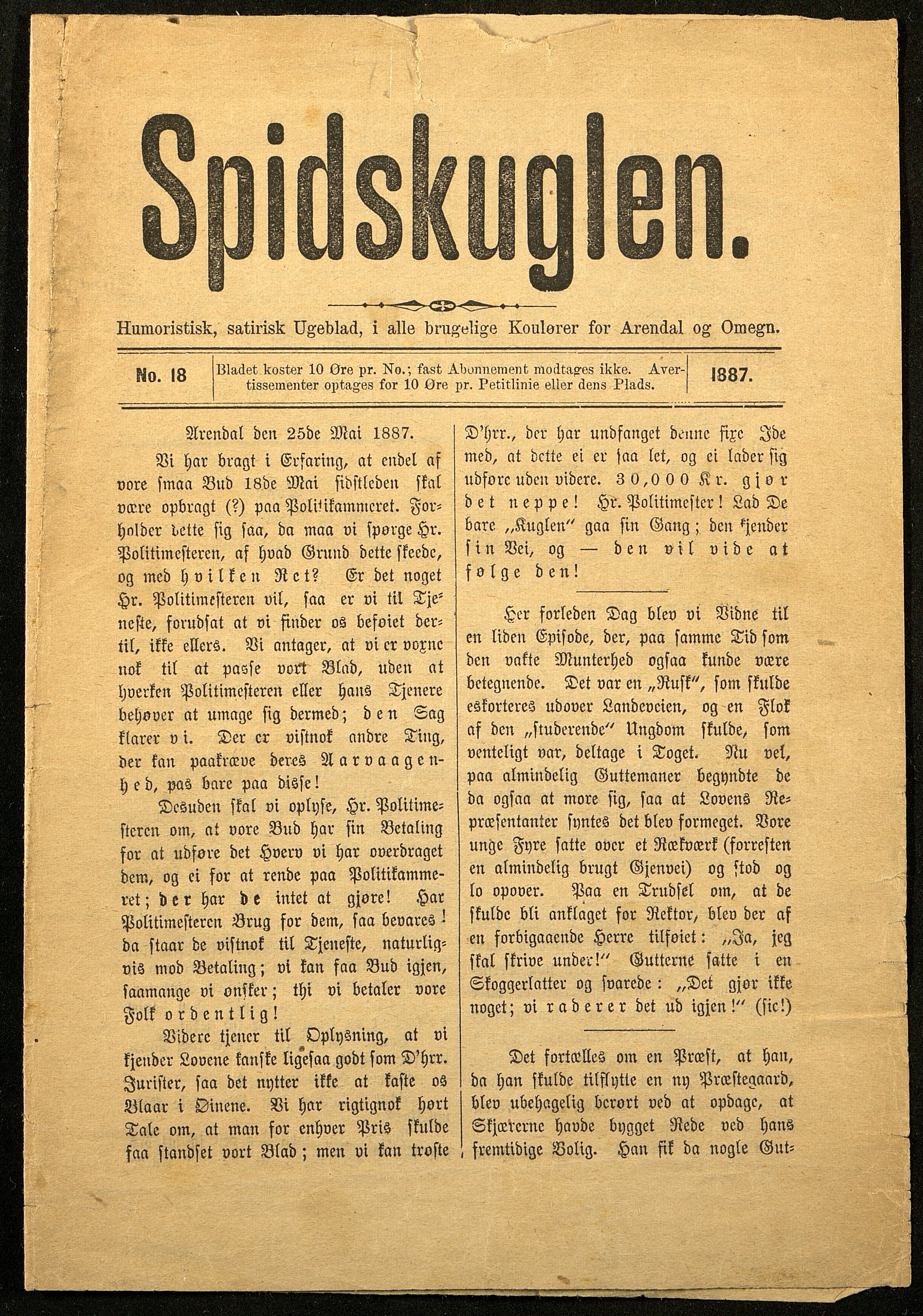 Spidskuglen, AAKS/PA-2823/X/L0001/0001: Spidskuglen / Årg. 1887, nr. 1–2, 4–23, 25–36, 1887