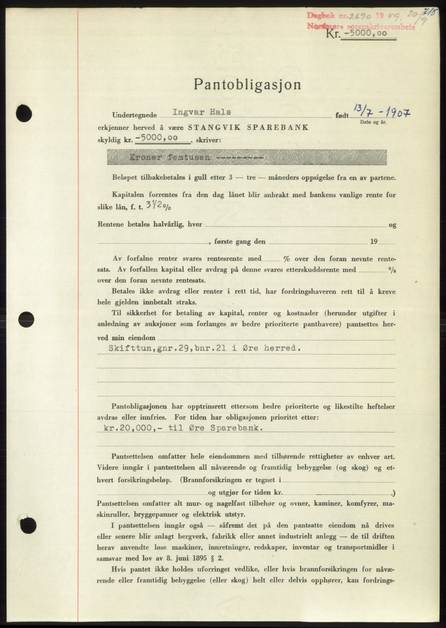 Nordmøre sorenskriveri, SAT/A-4132/1/2/2Ca: Pantebok nr. B102, 1949-1949, Dagboknr: 2690/1949