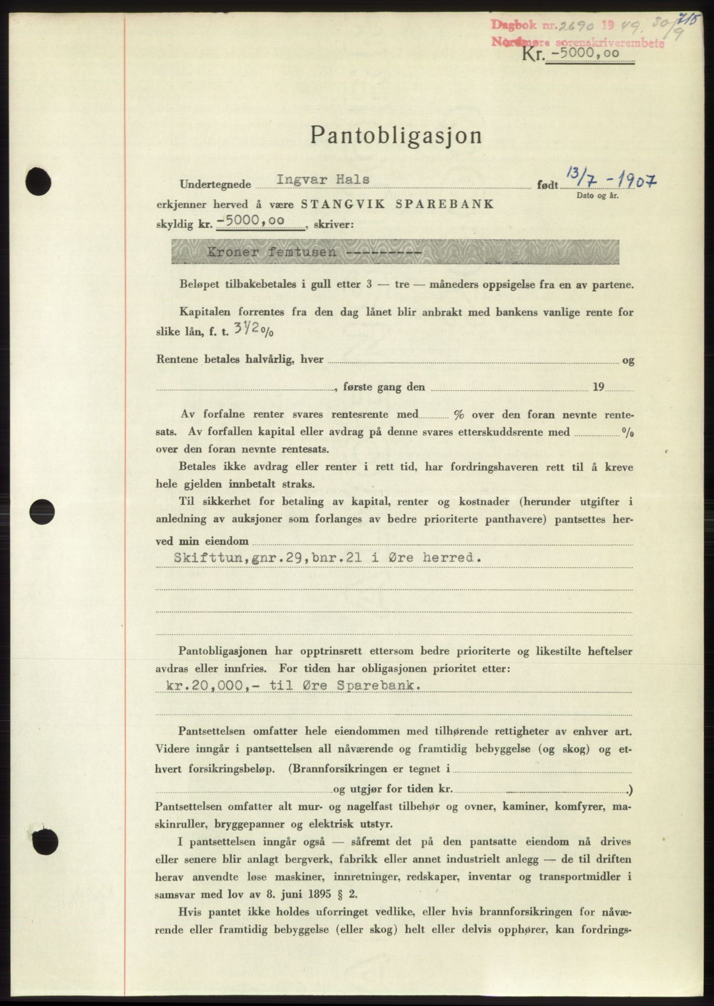 Nordmøre sorenskriveri, AV/SAT-A-4132/1/2/2Ca: Pantebok nr. B102, 1949-1949, Dagboknr: 2690/1949