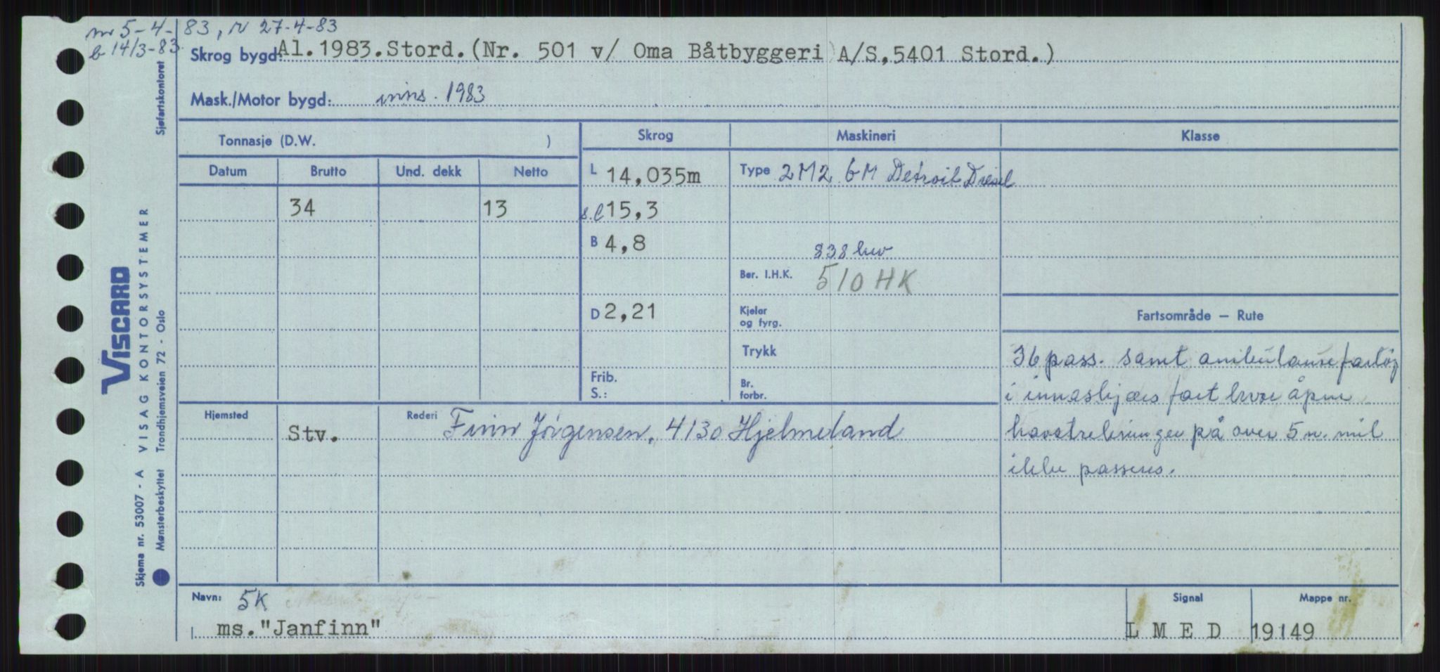 Sjøfartsdirektoratet med forløpere, Skipsmålingen, RA/S-1627/H/Ha/L0003/0001: Fartøy, Hilm-Mar / Fartøy, Hilm-Kol, s. 449