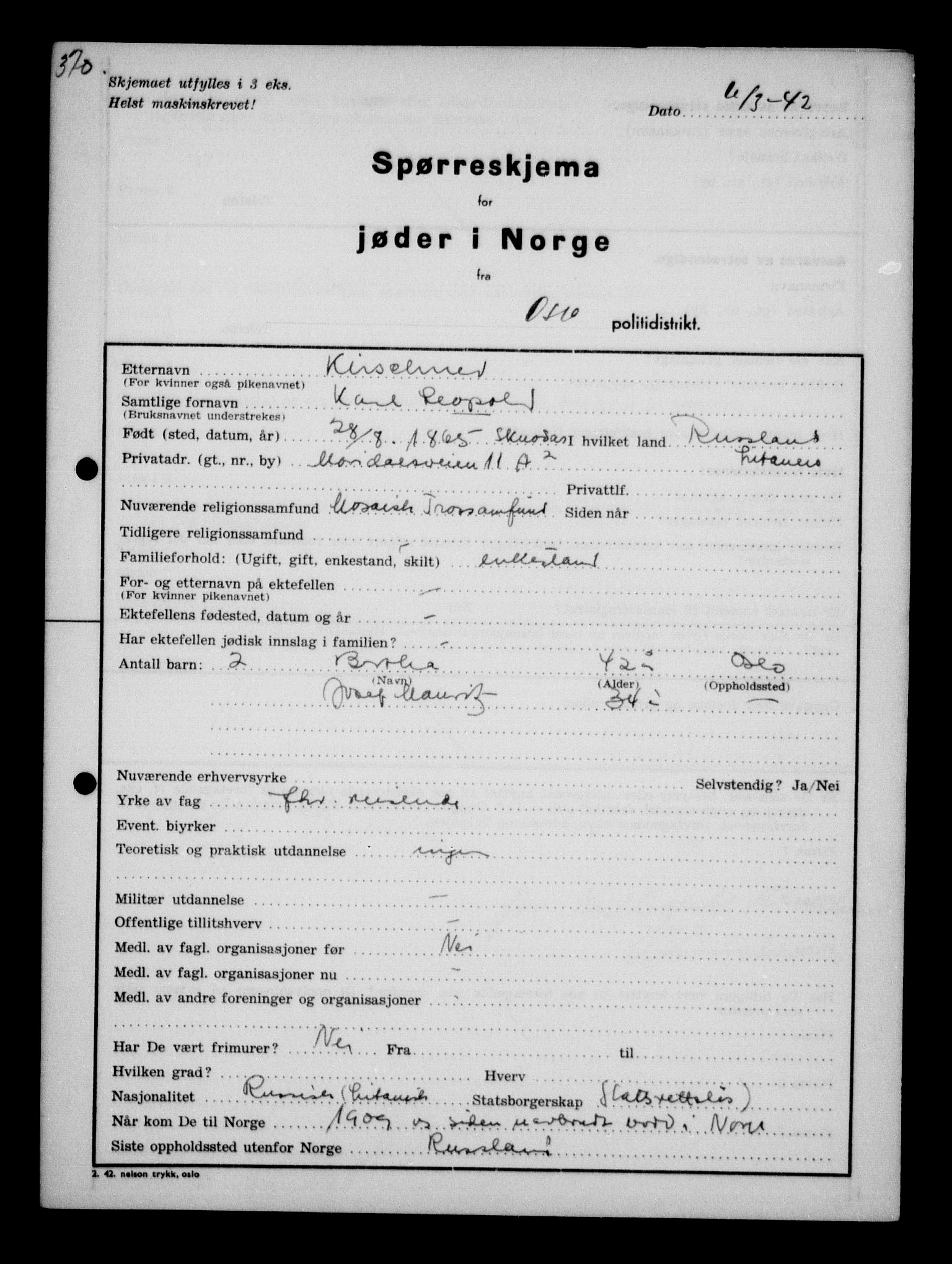 Statspolitiet - Hovedkontoret / Osloavdelingen, AV/RA-S-1329/G/Ga/L0010: Spørreskjema for jøder i Norge, Oslo Hansen-Pintzow, 1942, s. 327