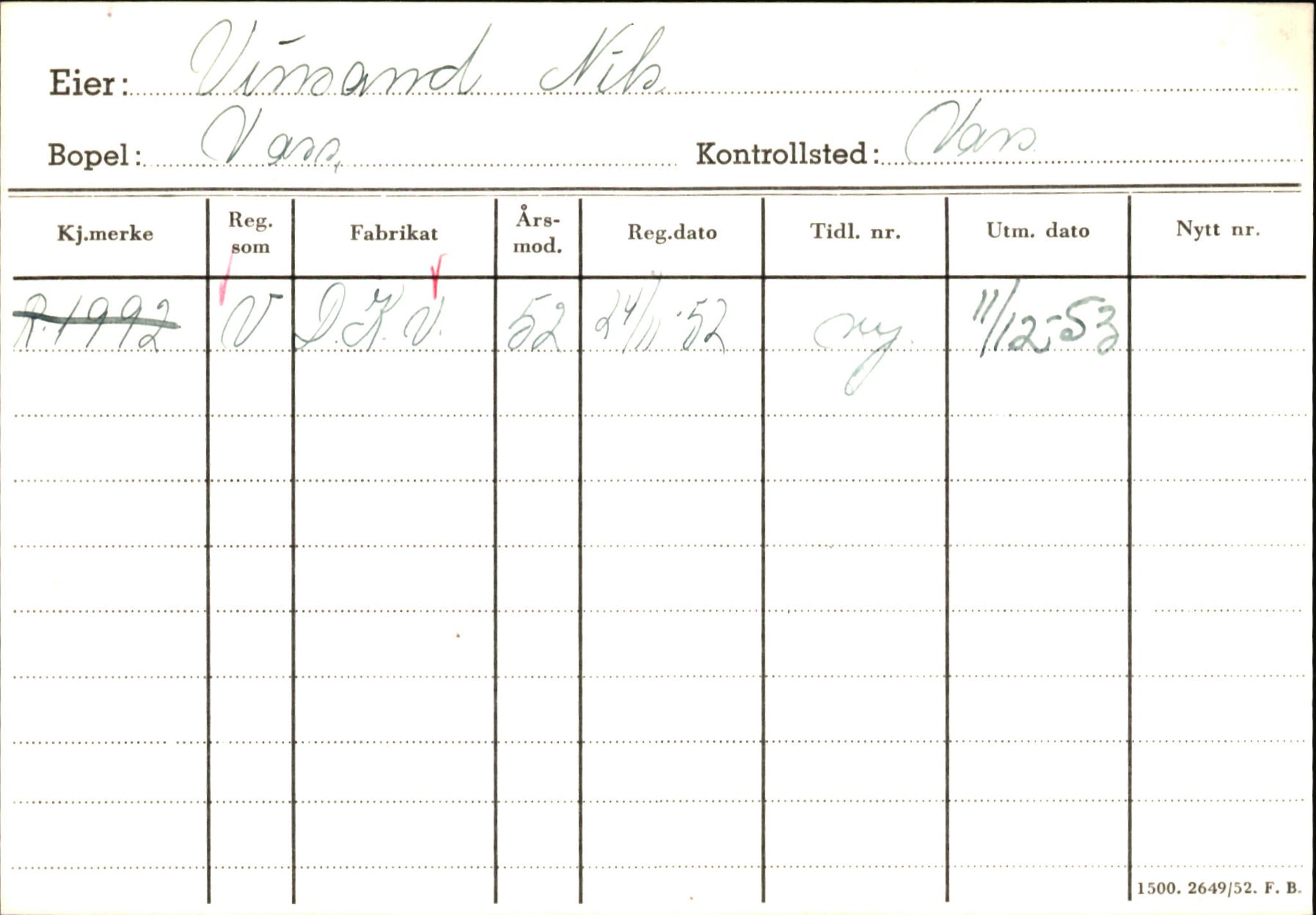 Statens vegvesen, Hordaland vegkontor, AV/SAB-A-5201/2/Ha/L0060: R-eierkort V-W, 1920-1971, s. 14