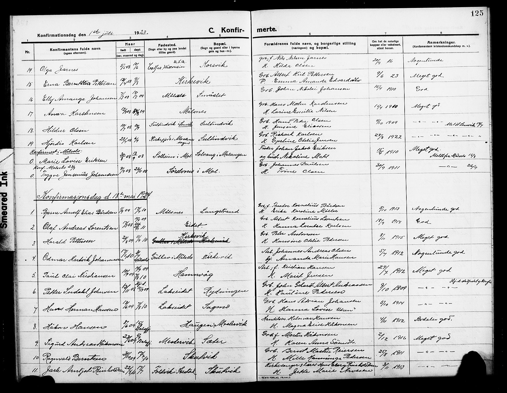 Balsfjord sokneprestembete, AV/SATØ-S-1303/G/Gab/L0004klokker: Klokkerbok nr. 4, 1910-1926, s. 125